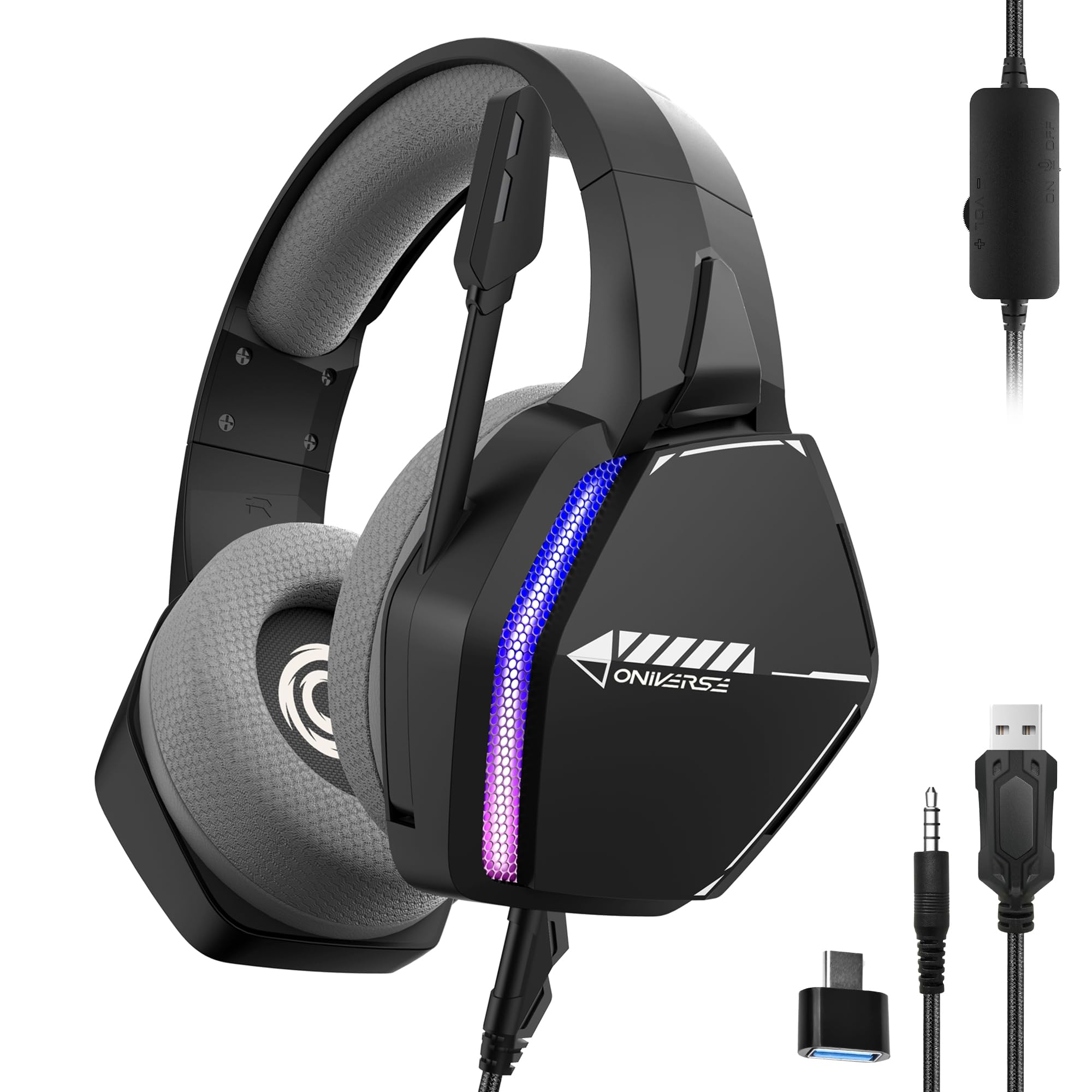 Oniverse Gaming-Headset kompatibel mit PS5 PS4 Switch Xbox PC Mac mit verstellbarem Mikrofon, LED, 50mm Lautsprechern, atmungsaktiven Stoff-Ohrpolstern - Nebula Infinite Black
