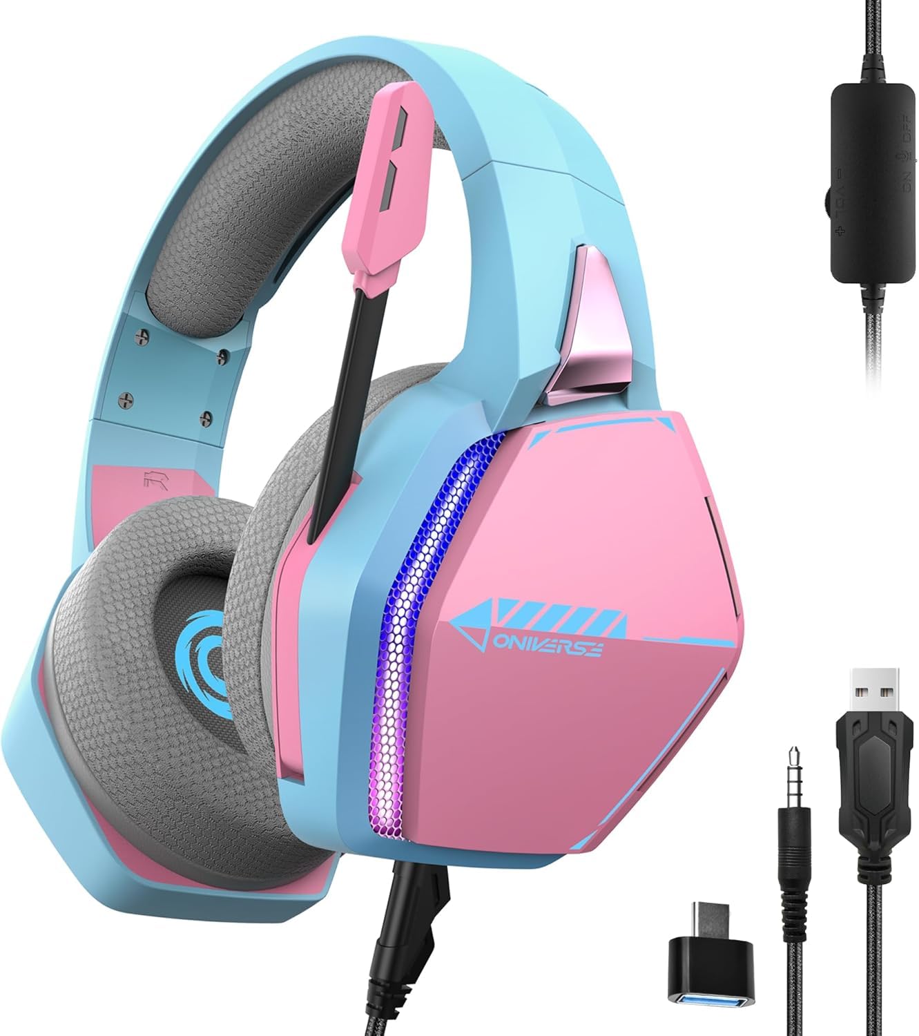 Oniverse Gaming-Headset kompatibel mit PS5 PS4 Switch Xbox PC Mac mit verstellbarem Mikrofon, LED, 50mm Lautsprechern, atmungsaktiven Stoff-Ohrpolstern - Nebula Diva Pink