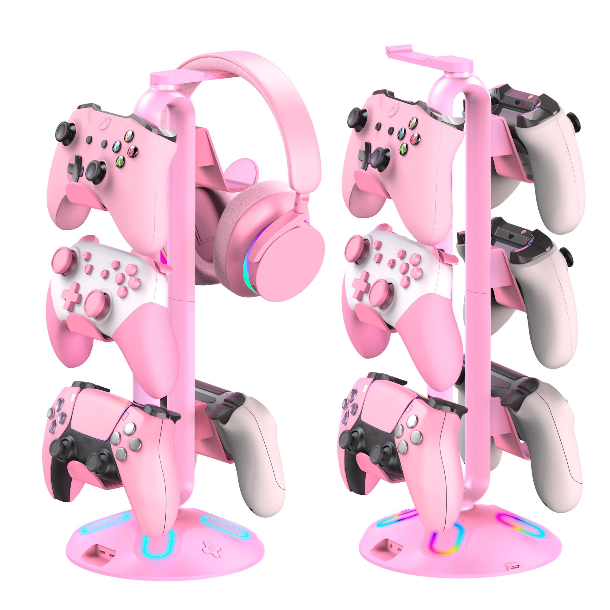 Gaming RGB Kopfhörerständer, Controller-Halter mit 9 Lichtmodi – Headset-Ständer mit 2 USB-Ladeanschlüssen und 3,5 mm & Typ-C – Controller-Ständer Aufhänger Zubehör für Schreibtisch und Gamer