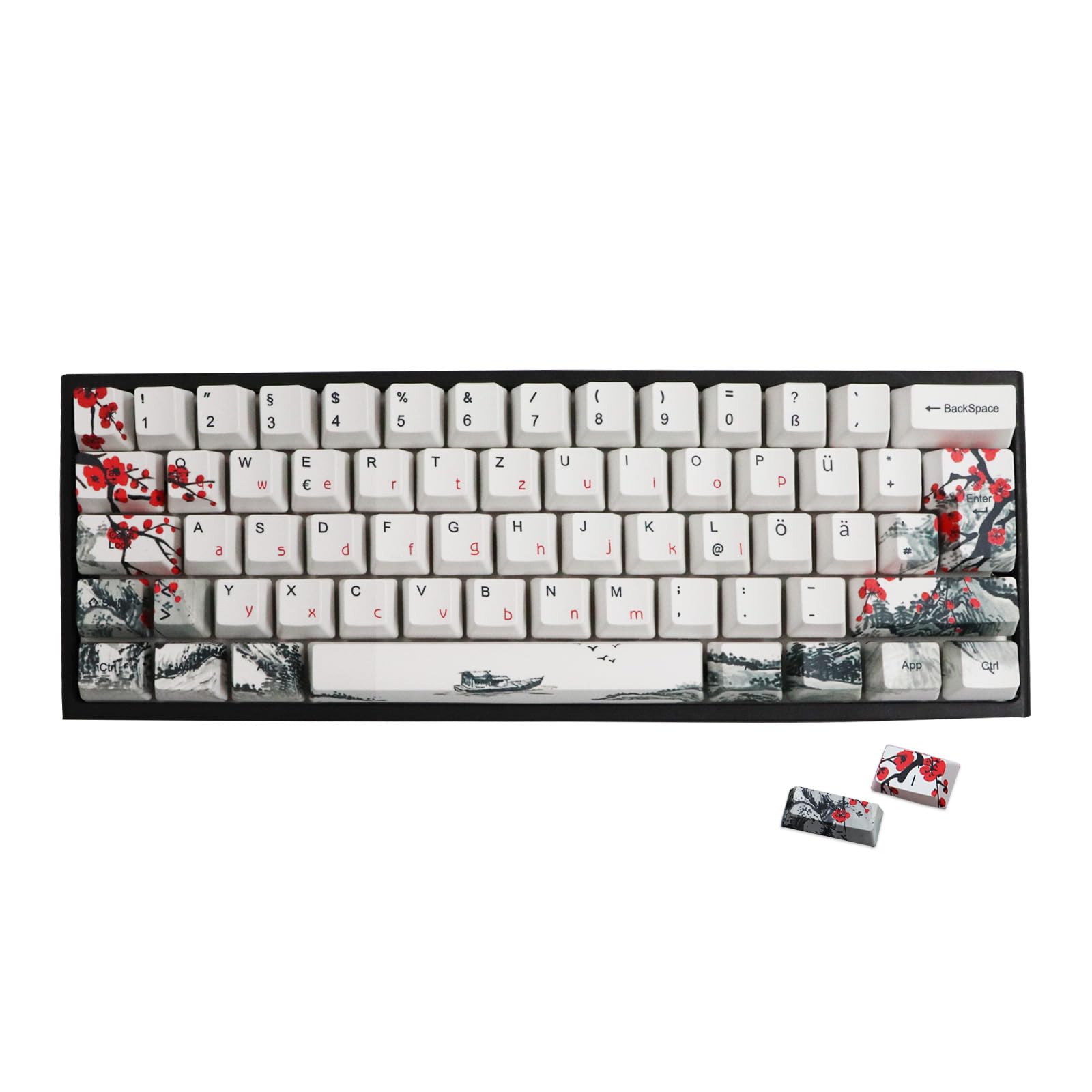 JSJT Pflaumenblüten-Tastenkappen PBT-Farbstoff-Sublimations-OEM-Profil Benutzerdefinierte Tastenkappe 128 Tasten Deutsches Tastenkappen für 61/87/104/108 Cherry MX Switches mechanische Tastaturen