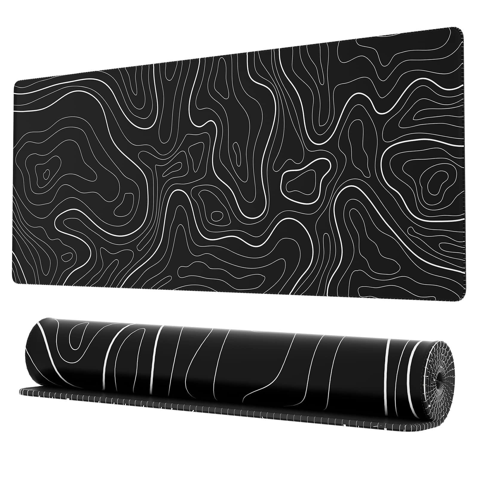 Topographische Karte Erweiterte Gaming Computer Maus Mat, Minimalistische Schreibtisch Mat Mauspad XXL, Große Gaming Maus Mat mit genähten Kanten Tischmatte (Schwarz, 80cmx30cm)