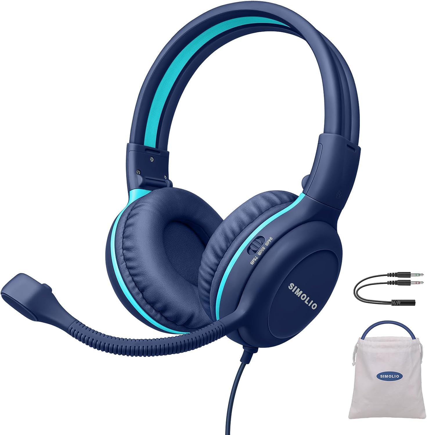 SIMOLIO Kopfhörer Kinder mit Mikrofon, On-Ear-Kinder Kopfhörer mit Mikrofon für Schüler, Gaming Kopfhörer mit Mikrofon, Audio-Sharing, Blau