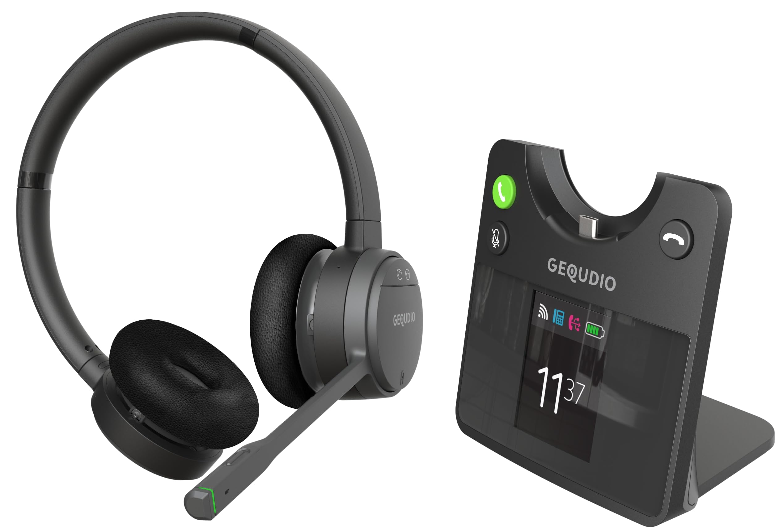 GEQUDIO GC-4+B Kabelloses Headset – DECT & Bluetooth System mit ANC – Farbdisplay Basisstation für Unify OpenScape, GX5, GZ-6, PC & Mac – 200m Reichweite – Stereo – Modell: GC-4+B