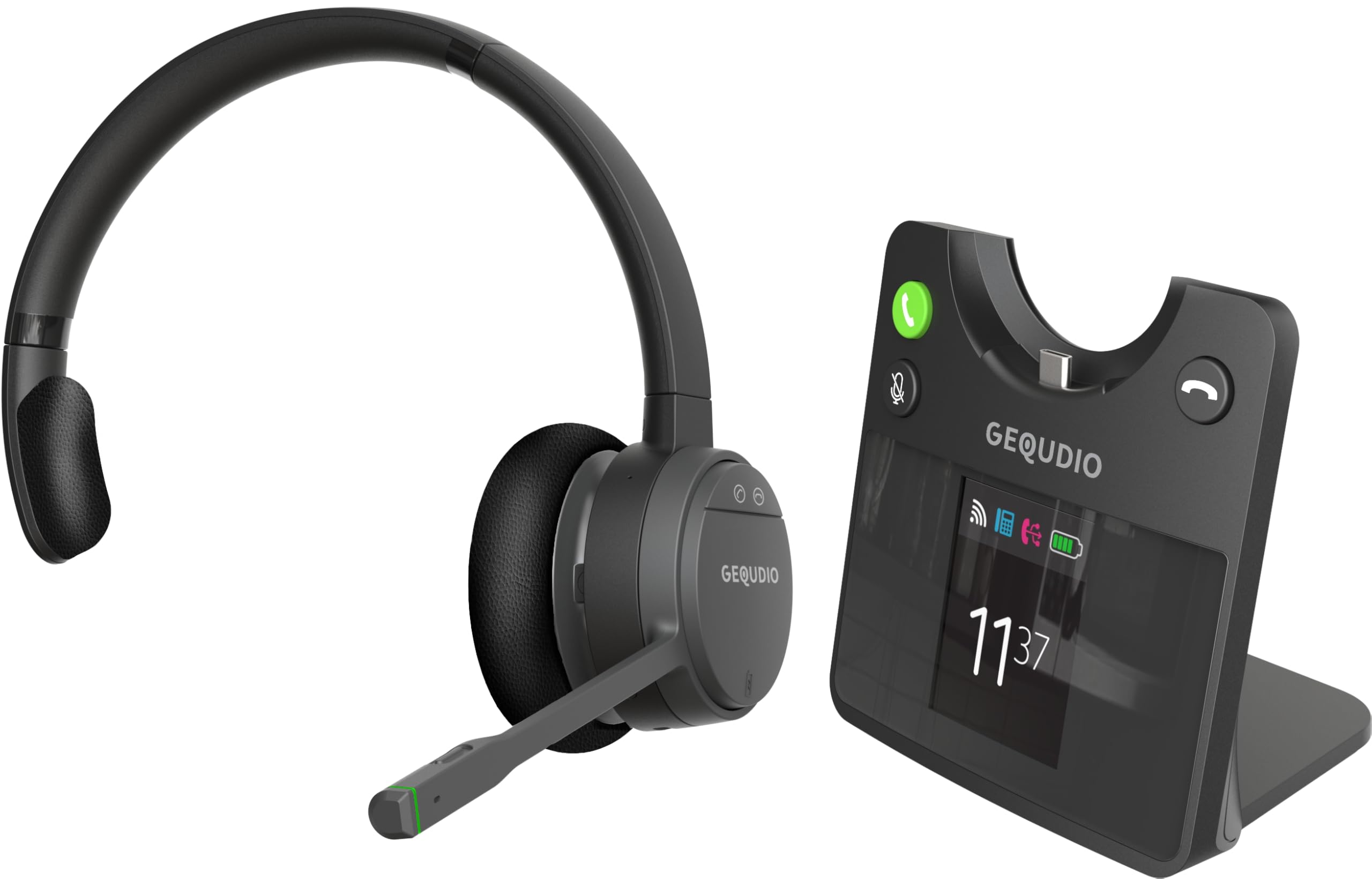 GEQUDIO GC-1+B Kabelloses Headset – DECT & Bluetooth System einohrig – Farbdisplay Basisstation für Unify OpenScape, GX5, GZ-6, PC & Mac – 200m Reichweite – Mono – Modell: GC-1+B