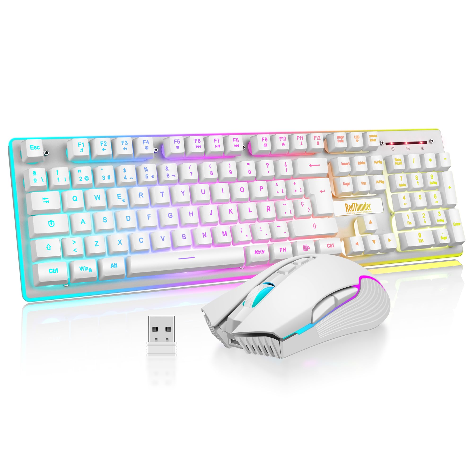 RedThunder K10 Kabellose Gaming-Tastatur, RGB-Hintergrundbeleuchtung, wiederaufladbarer Akku mit 3800 mAh, Anti-Ghosting + 7D-Maus, 3200 DPI, ES-Layout, für PC/PS5/Xbox-Weiß