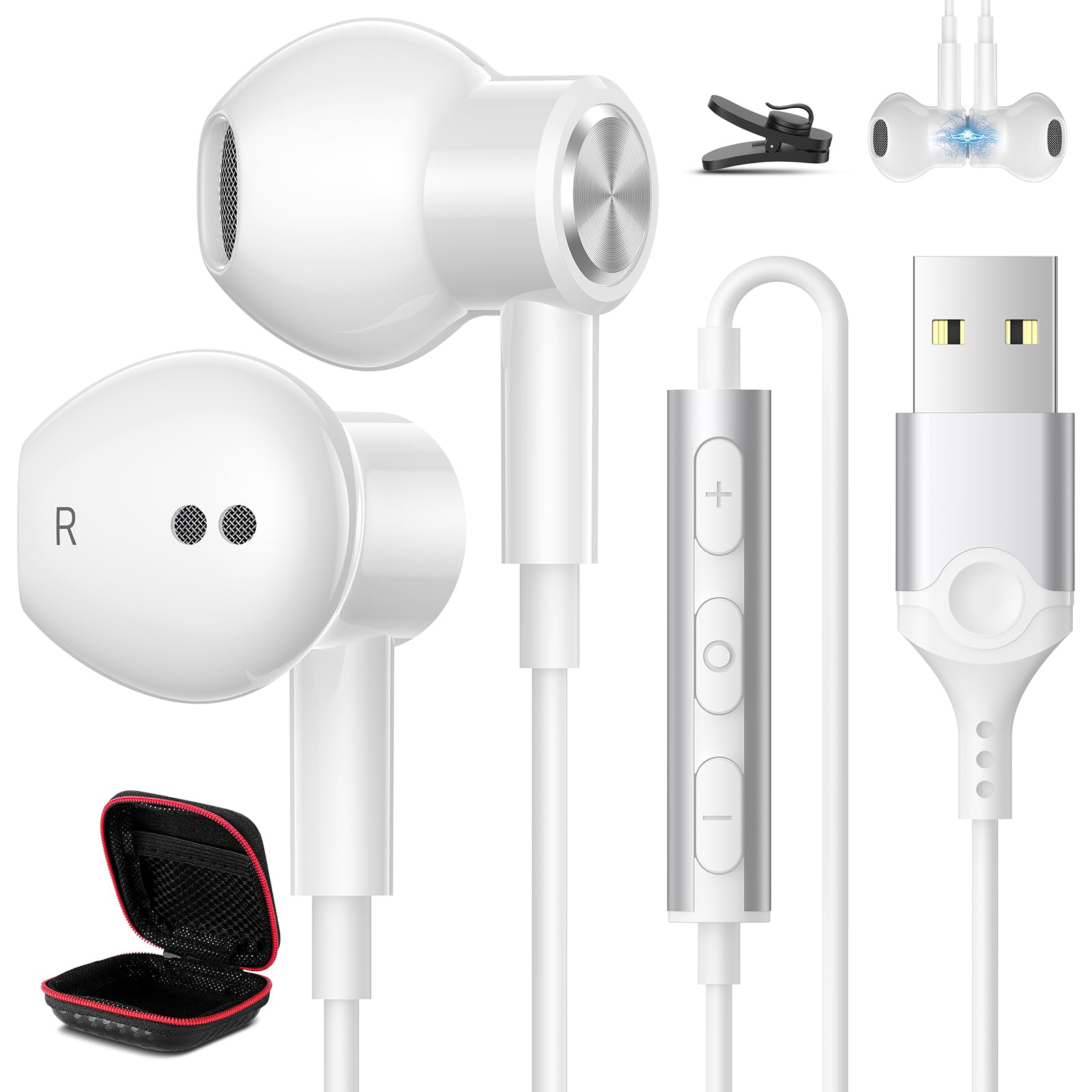 USB-Kopfhörer für PC, Laptop, Mignetisch, kabelgebunden, Computer-Kopfhörer mit Mikrofon-Steuerung, Stummschaltung, leicht, Geräuschunterdrückung, In-Ear-Gaming-Headset für MacBook Pro, Büro, Arbeit,