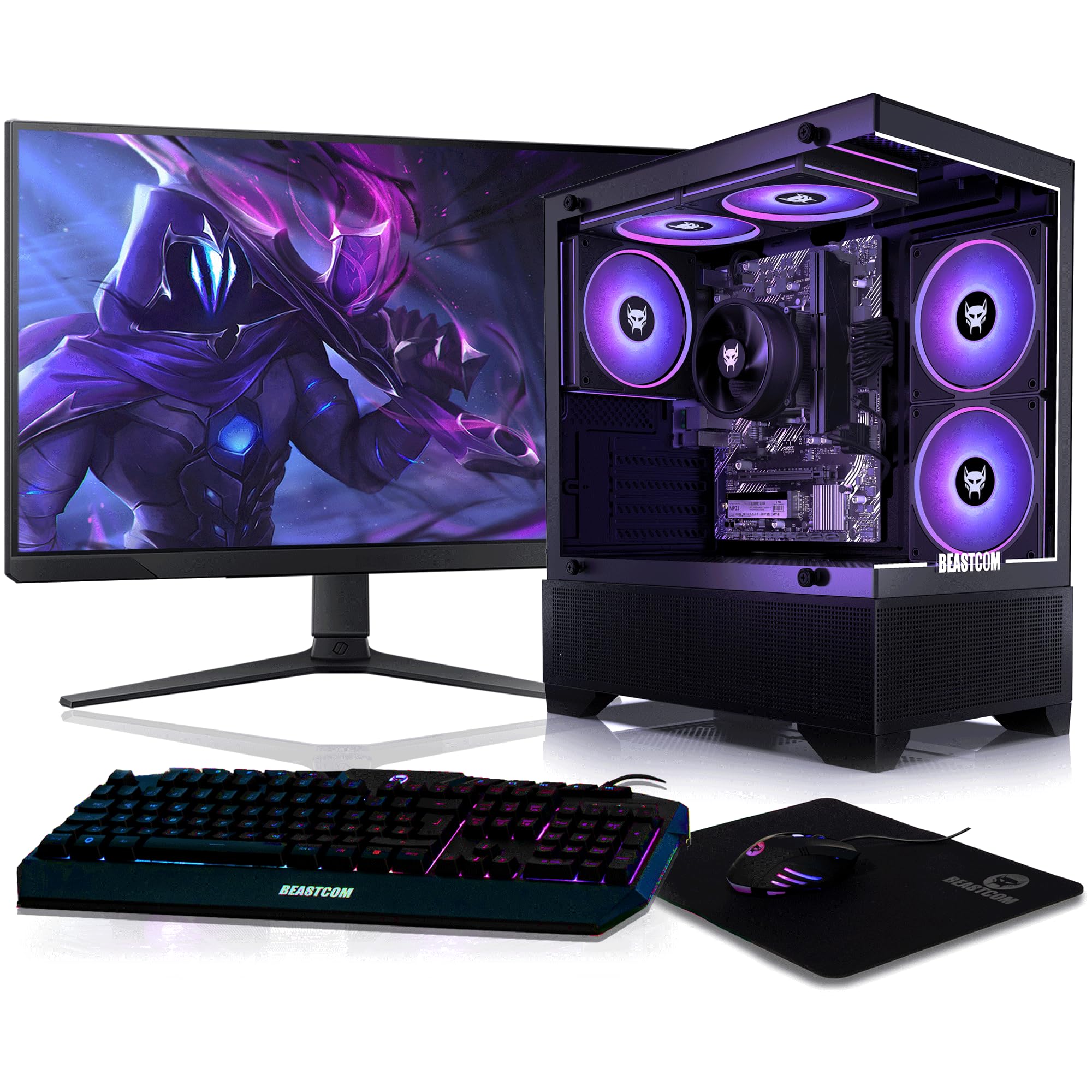 BEASTCOM Q3 Gaming PC Set Komplett, AMD Ryzen 7 8X 4,60GHz 16 Threads, 4K Vega Radeon Grafik, 16GB RAM, 512GB SSD + Monitor LED 24" + Gaming Tastatur + Maus + Mauspad, WLAN, Win 11 Pro