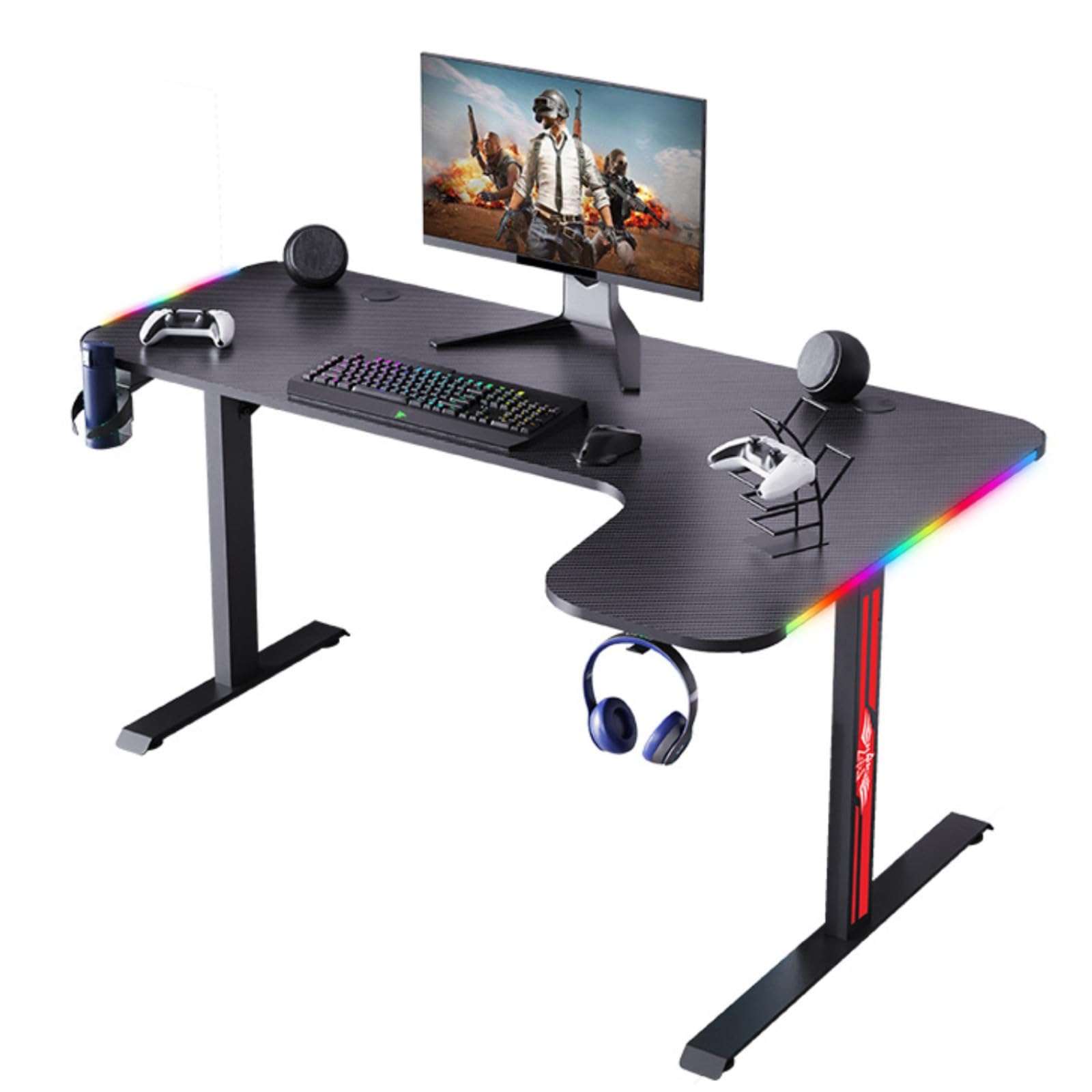 L-förmiger Schreibtisch mit LED-Lichtern, Gaming-Schreibtisch, Computertisch, kompakter Eckschreibtisch mit Headset-Haken und Getränkehalter, Kohlefaser-Oberfläche, stabiler PC-Schreibtisch für