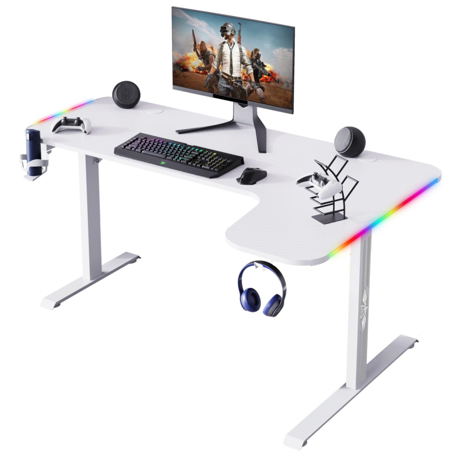 L-förmiger Schreibtisch mit LED-Lichtern, Gaming-Schreibtisch, Computertisch, kompakter Eckschreibtisch mit Headset-Haken und Getränkehalter, Kohlefaser-Oberfläche, stabiler PC-Schreibtisch für
