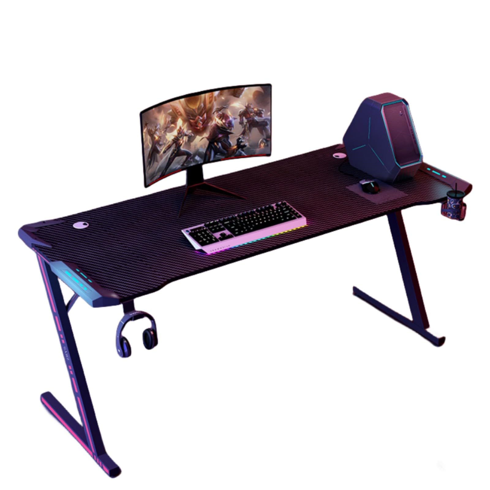 Gaming-Schreibtisch mit LED-Lichtern, Computertisch mit Headset-Haken und Getränkehalter, Z-förmiger Schreibtisch, kompakter Eckschreibtisch, stabiler PC-Schreibtisch, für Zuhause, Büro, Schlafzimmer,