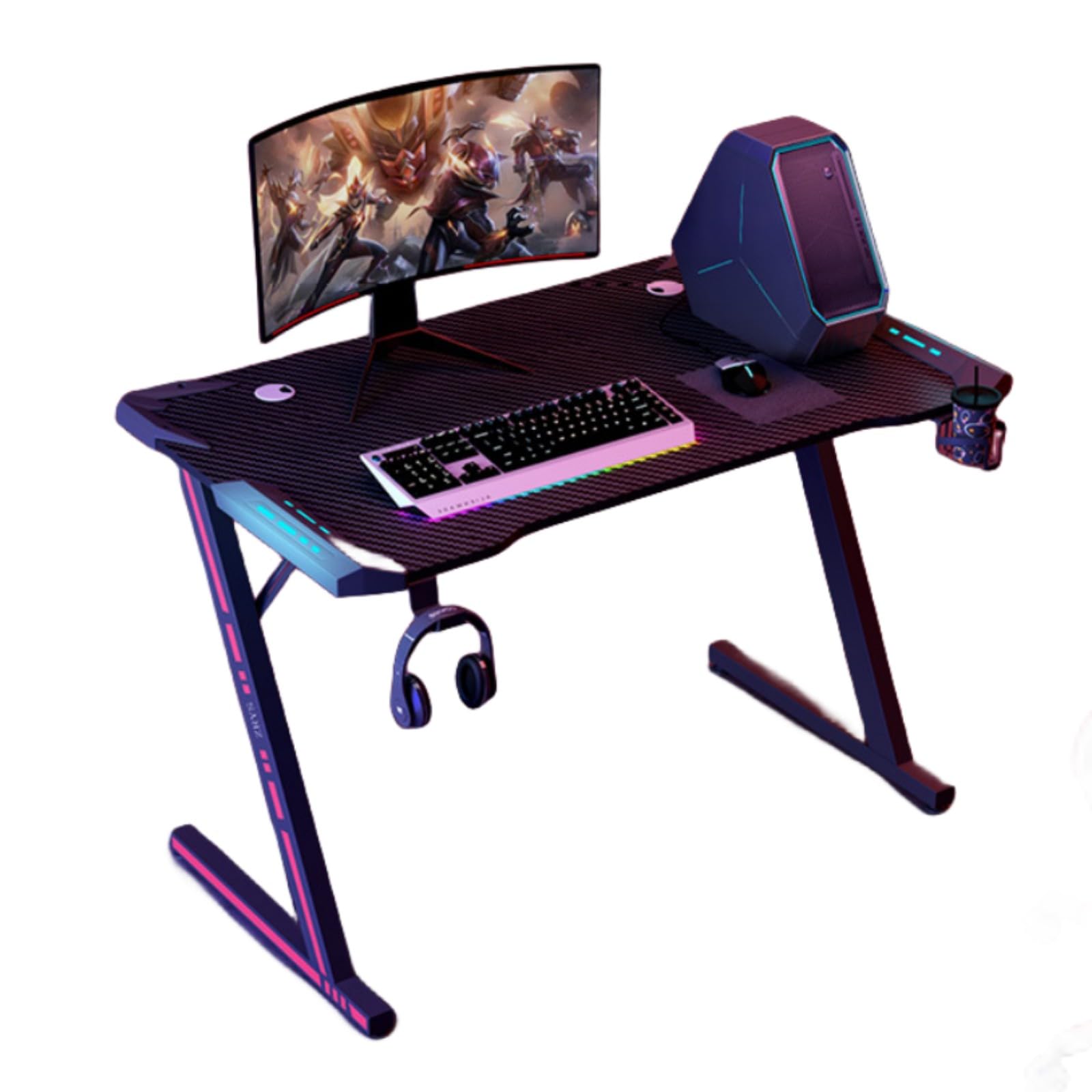 Gaming-Schreibtisch mit LED-Lichtern, Computertisch mit Headset-Haken und Getränkehalter, Z-förmiger Schreibtisch, kompakter Eckschreibtisch, stabiler PC-Schreibtisch, für Zuhause, Büro, Schlafzimmer,