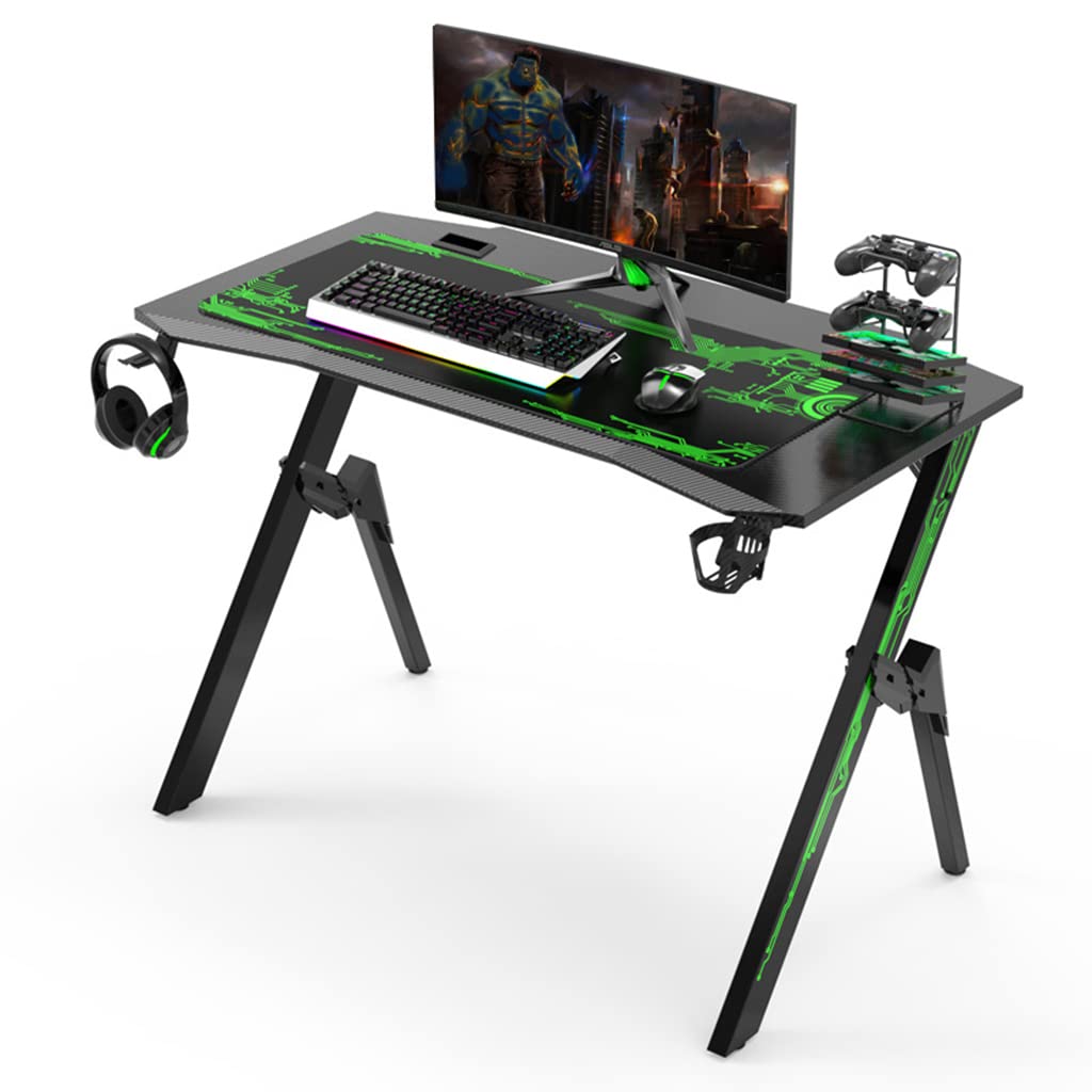 Bestier Gaming-Schreibtisch mit LED-Leuchten, Gaming-Schreibtisch, Computertisch, Getränkehalter, Headset-Haken mit robustem Metall- und Holz-Computertisch für Gaming und Büro, Grün-L 120 cm vision
