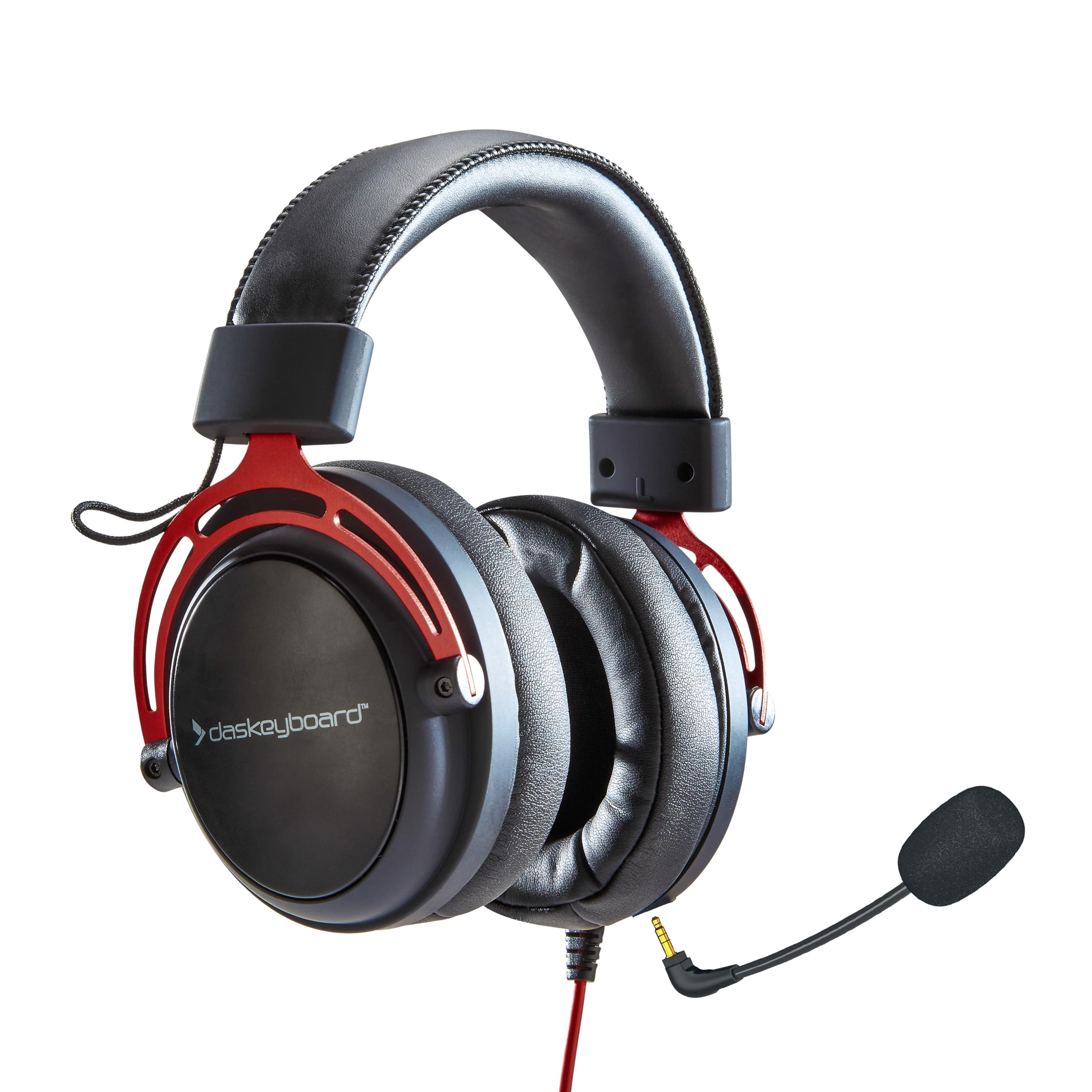 Das Keyboard Kabel Headset für Arbeit Gaming PC PS5 Xbox Nintendo Switch - Ultraleichte komfortable Over Ear Earpads - Voice Isolation Mikrofon - Extra Bass 53mm Treiber, langlebiges rotes Aluminium
