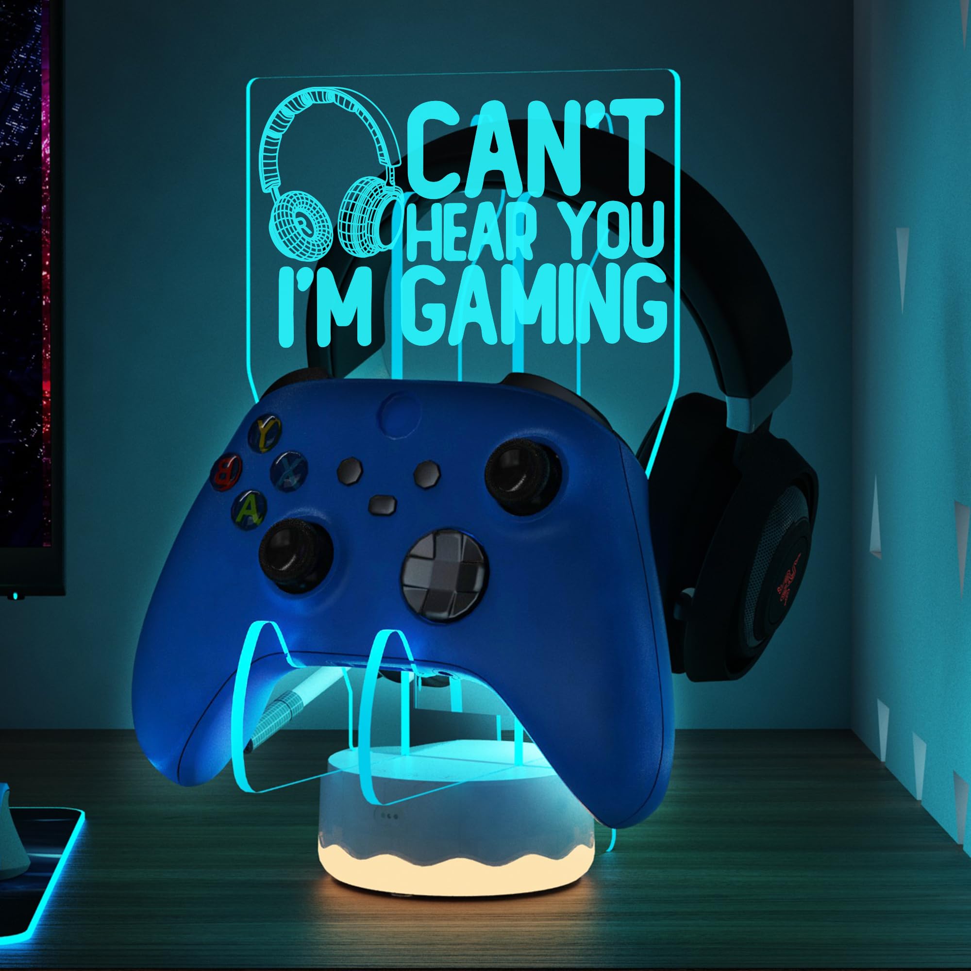 CoolGift Mart Light Up Headset und Controller Ständer, 16 Farben 3D LED Lichter Gamepad Kopfhörerhalter mit Fernbedienung, Game Controller Hänger für alle Universal Gaming PC Zubehör