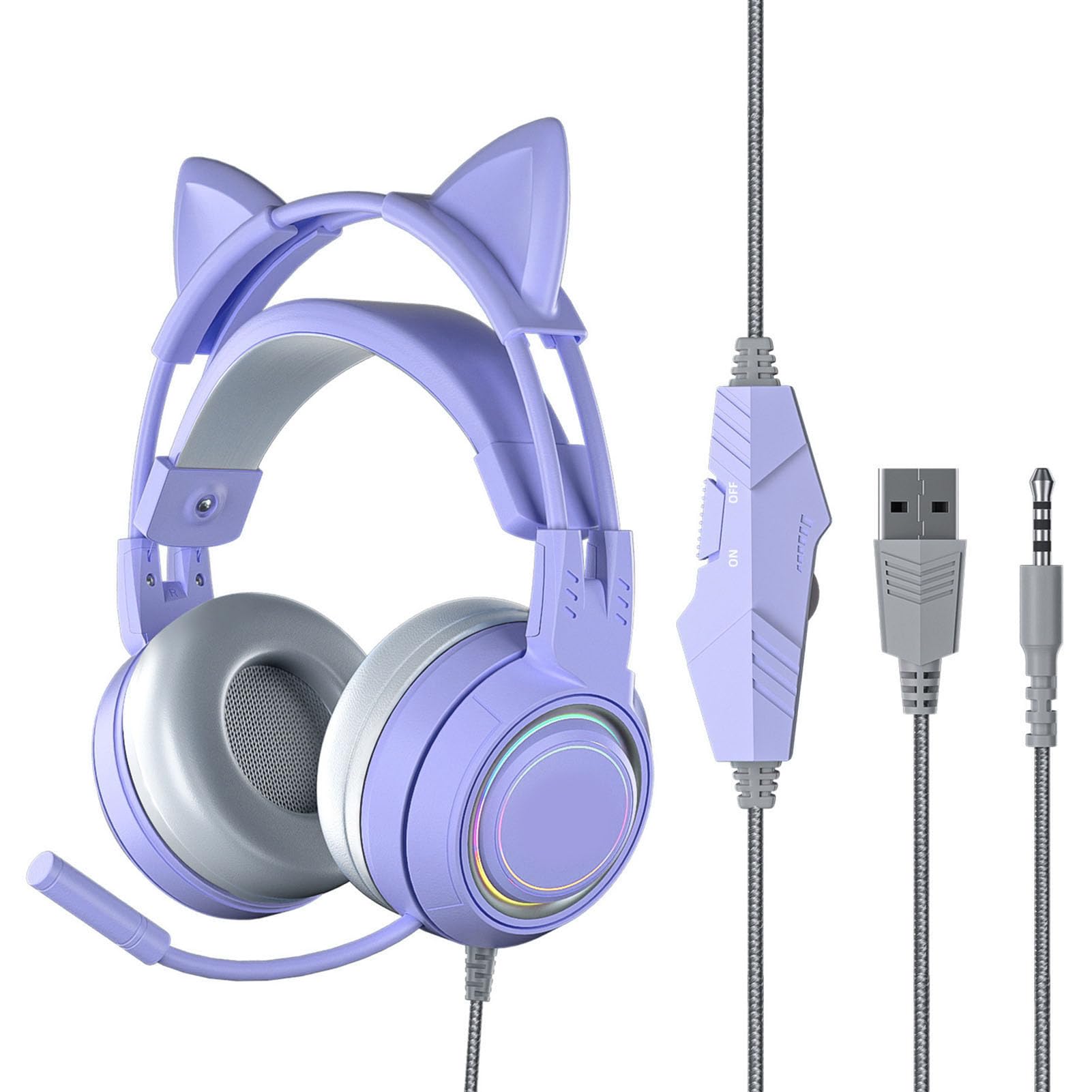 VBESTLIFE Katzenohr-Kopfhörer mit Geräuschunterdrückendem Mikrofon, Kabelgebundenes Over-Ear-Gaming-Headset mit Abnehmbaren Katzenohren, für PC, für One, für, für PS5