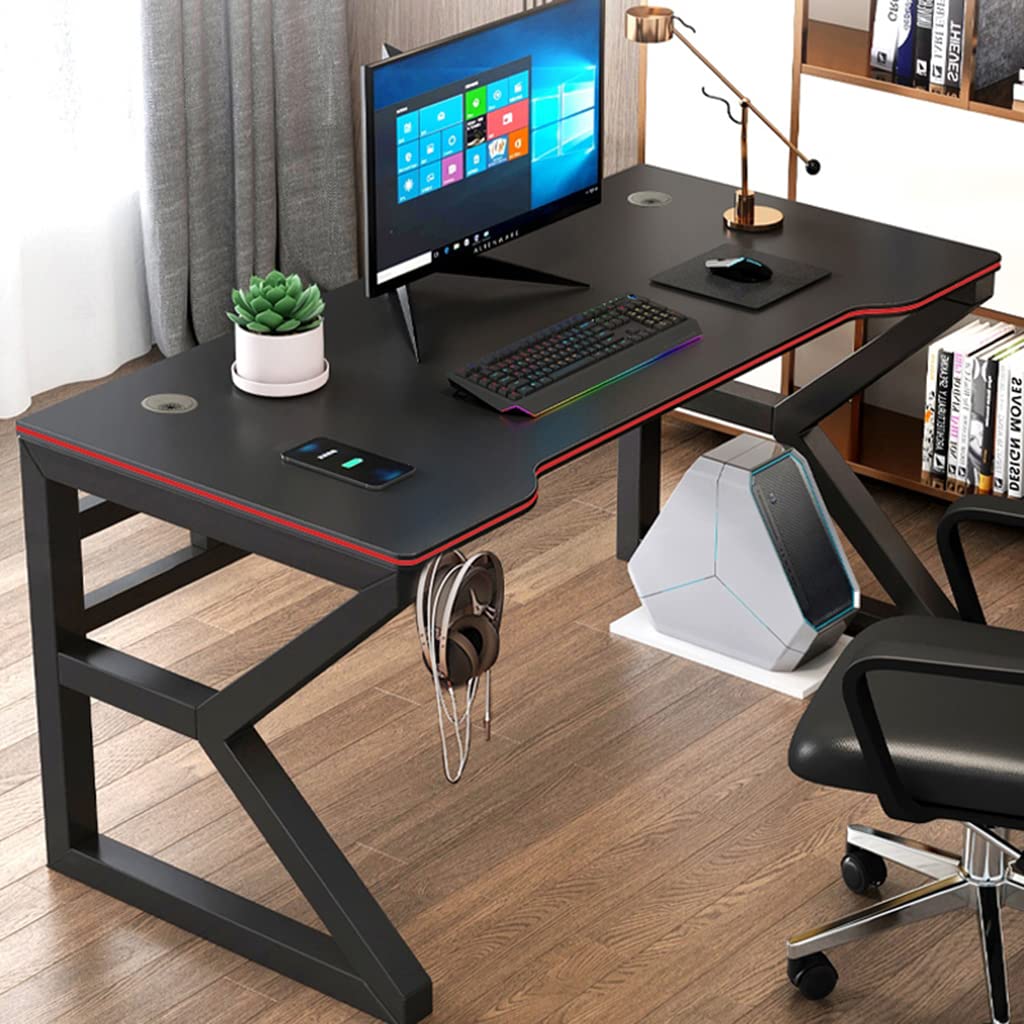 KSTUFF Gaming-Schreibtisch, PC-Computertisch, großer ergonomischer Gaming-Computertisch, Headset-Haken mit robustem Metall- und Holz-Computertisch für Gaming und Büro, Schwarz Vision