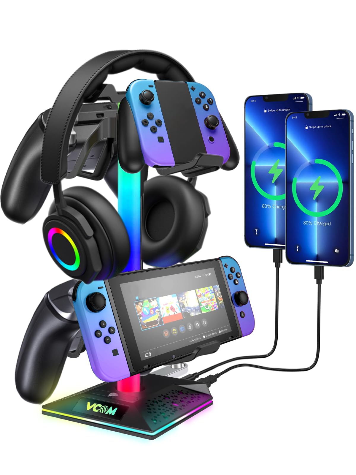 VCOM RGB Headset Halterung mit 2 USB- und 1 Typ-C-Anschluss, Gaming Zubehör Kopfhörer Ständer mit 10 Lichtmodi, Controller Halterung für PC Gamer Xbox PS5 (Schwarz)