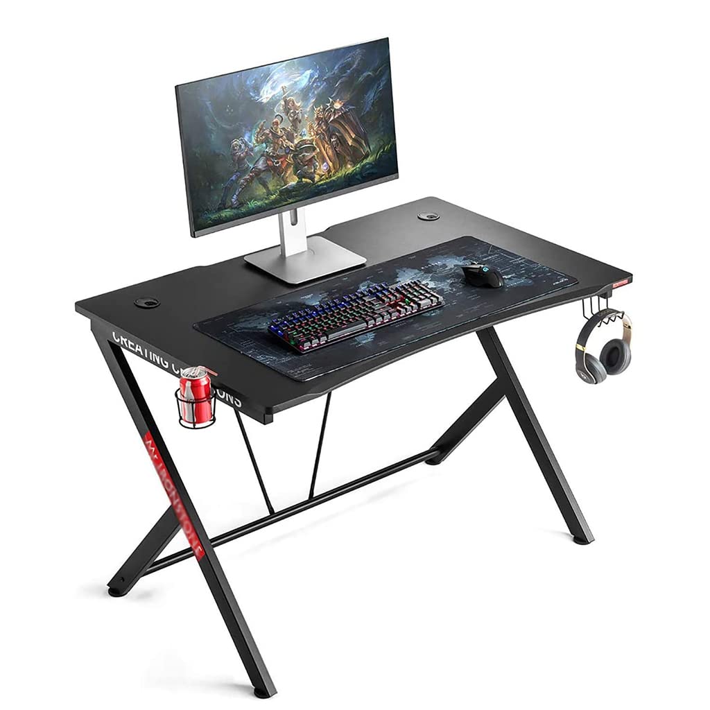 Gaming-Tisch mit komplettem Schreibtisch-Mauspad, Heimbüro, PC-Laptop, Workstation, Gaming-Computertisch, Getränkehalter, Headset-Haken – Stabiler Computertisch aus Metall und Holz, weiß-L 115 c