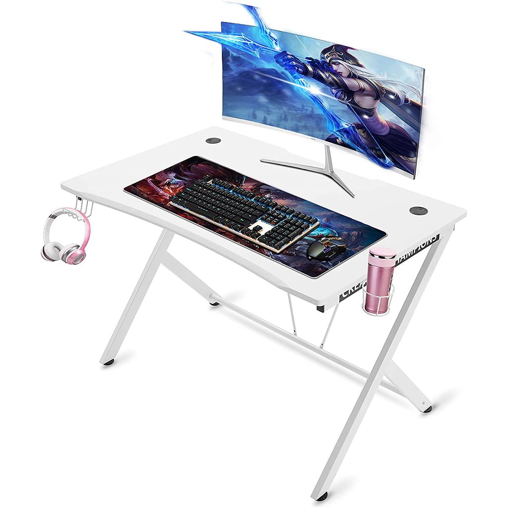 Gaming-Schreibtisch, ergonomischer PC-Computertisch, Y-förmiger Gaming-Tisch, Gamer-Workstation mit großem Mauspad, Getränkehalter, Headset-Haken für Robustes Metall, schwarz L 115 cm (weiß L 12