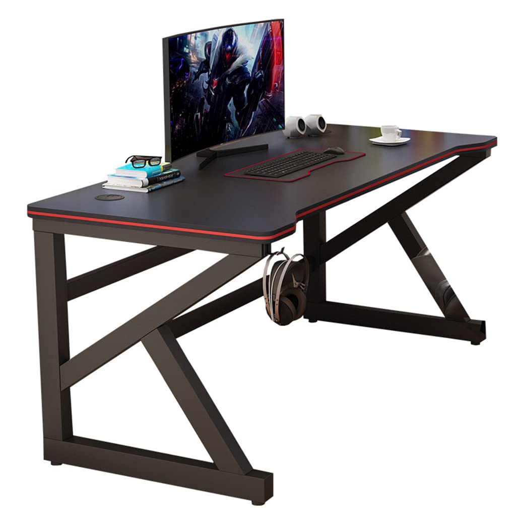 Gaming-Tisch mit Karbonfaseroberfläche, großer Computertisch, Schreibtisch für Heimbüro, extra groß, modern, ergonomisch, Schwarz, Headset-Haken – Robustes Metall, BL 80 cm (AL 140 cm)