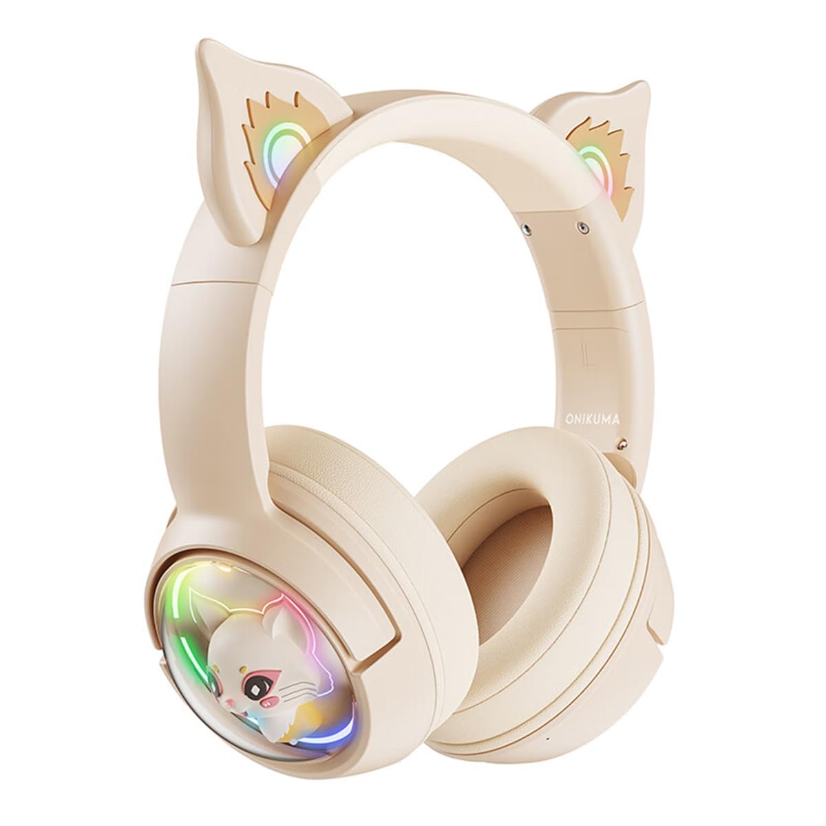 Bluetooth Katzenohr Kabellos Kopfhörer, Cat Ear Gaming Headset mit Mikrofon Headset Pink mit RGB LED Licht Wireless Kopfhörer mit Katzenohren HD Stereo Sound für PC TV Tablet Spielkonsolen (Beige)