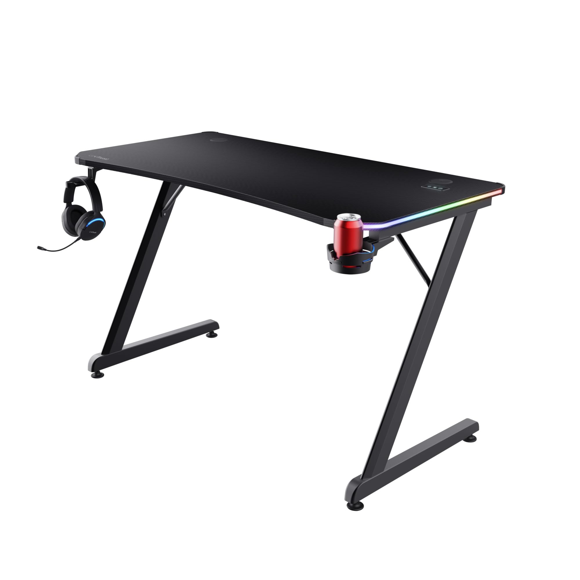 Trust Gaming GXT 709 Luminus RGB Gaming Tisch mit LED Beleuchtung, 10 Modi, USB-Betrieb, Gaming Schreibtisch mit Headset und Getränkehalter, Computertisch 120 x 60 für Büro, Gamer - Schwarz