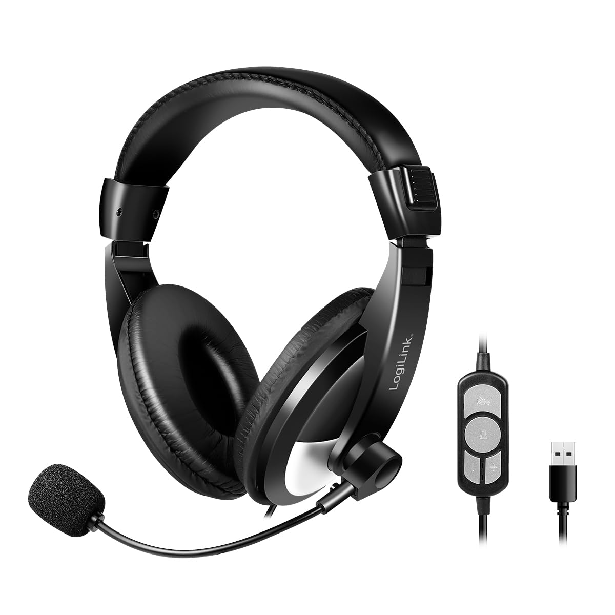LogiLink Stereo-Headset mit gut gepolsterten Kopfhörern & integrierter Fernbedienung & Bügelmikrofon