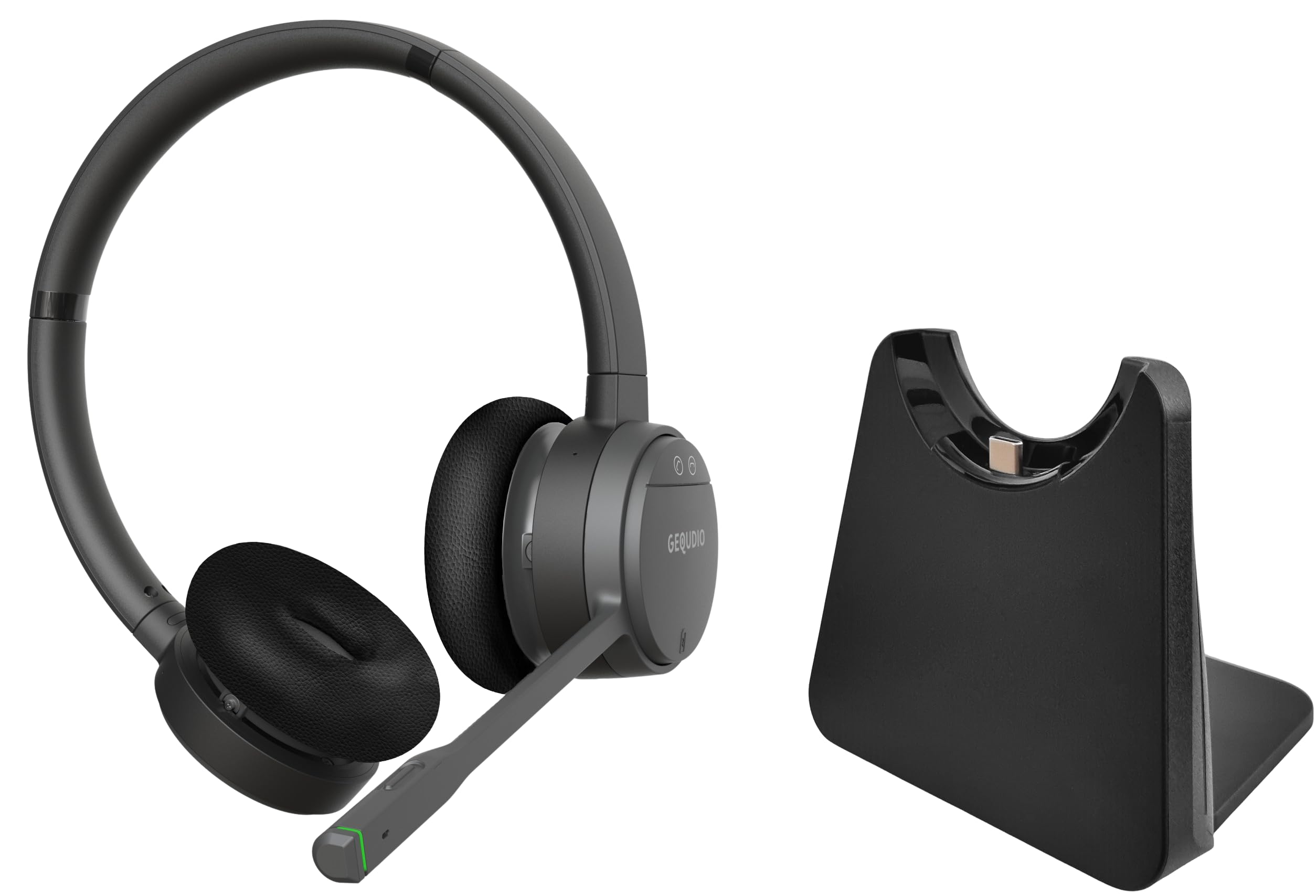 GEQUDIO GC-2 DECT & Bluetooth Headset mit Ladestation für AVM FritzBox - Kabellos am FritzFon telefonieren - Stereo Kopfhörer für PC & Smartphone, Schwarz/Grau