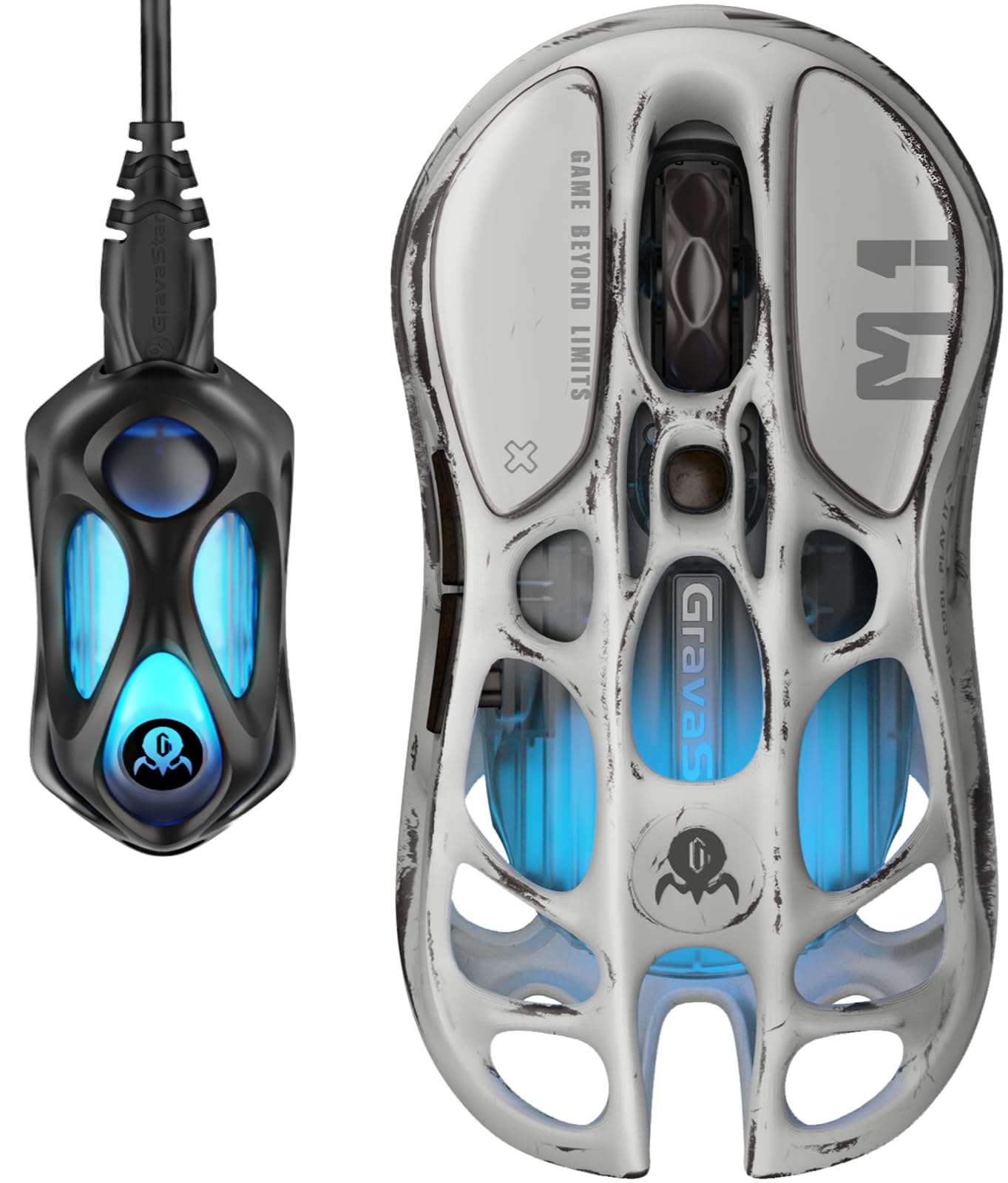 GravaStar Mercury M1 Pro Gaming-Maus, MMO-Computer-Gaming-Mäuse mit 4K-Empfänger, 26.000 DPI, 88 g leichtes ausgehöhltes Design, 5 programmierbare Tasten, 5 dynamische Lightsync-RGB-Modi, Silver Mist