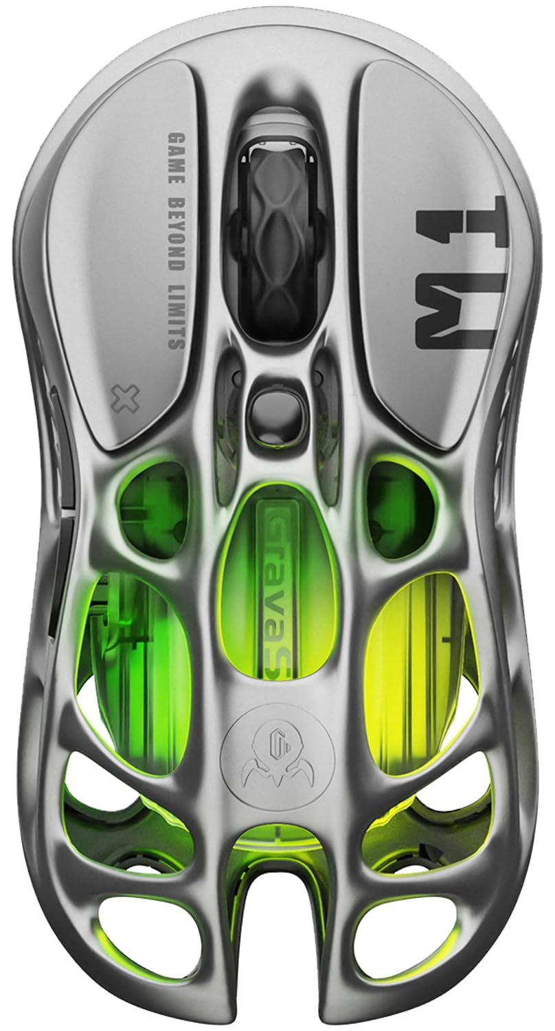 GravaStar Mercury M1 Pro Gaming Maus Kabellos, 4K Hz Superlight Maus Gaming aus Magnesiumlegierung, 26000 DPI, PAW3395 Sensor, 5 Programmierbare Tasten, RGB, Hohles Design Gaming Mouse – Gunmetal Grau