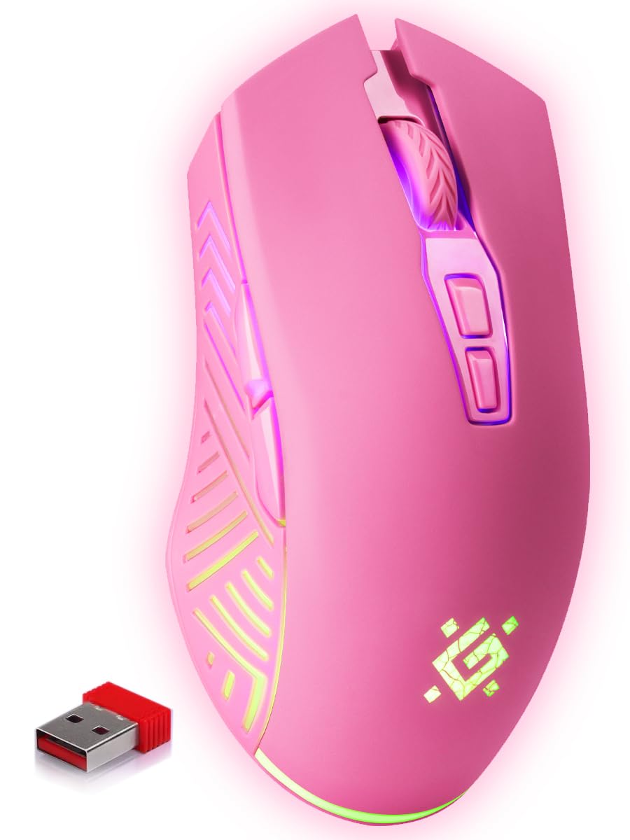 Defender® Pandora Kabellose Gaming Maus - Geräuschlose Klicks - 5 programmierbare Tasten - RGB-Beleuchtung(On/Off) - bis zu 120 hrs Akkulaufzeit - Wireless Gamer Maus für PC, Mac, Laptop, Rosa
