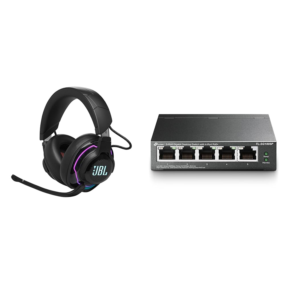 JBL Quantum 910 Over-Ear Gaming Kopfhörer – Wireless 2 & TP-Link TL-SG1005P PoE Switch 5-Port Gigabit LAN Switch mit 4 PoE+ Ports (65 Watt