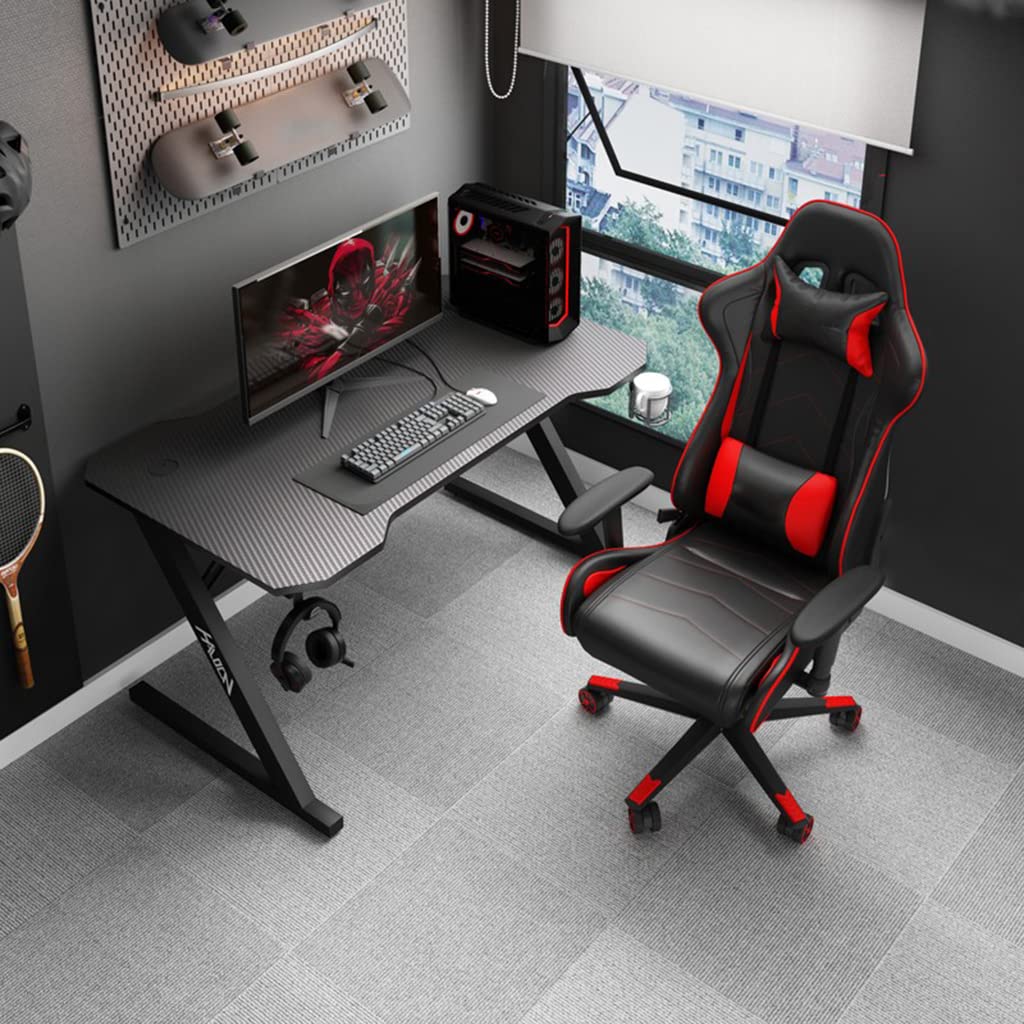 Ergonomischer PC-Computertisch, Z-förmiger Gaming-Tisch, Gamer-Workstation mit großem Mauspad-Getränkehalter, Headset-Haken mit robustem Computertisch aus Metall und Holz, L 140 cm