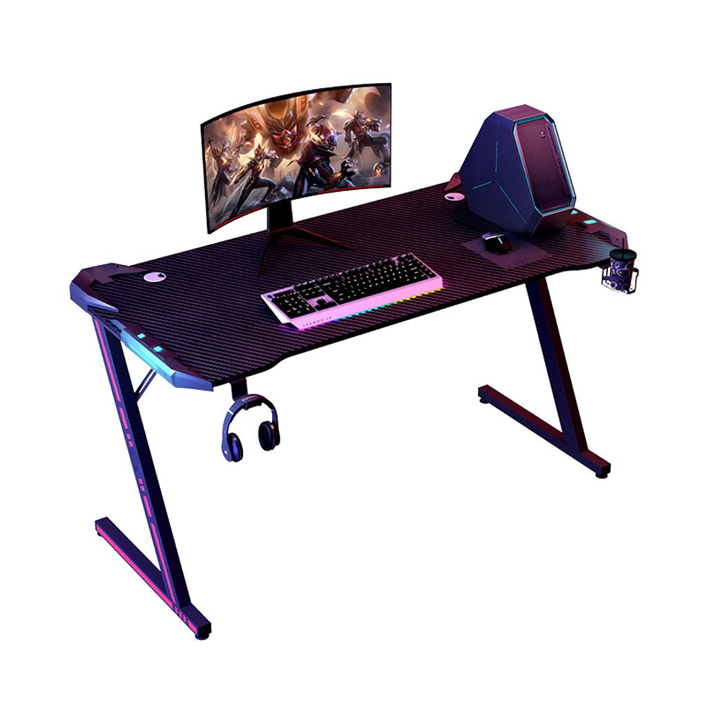 Gaming-Schreibtisch mit LED-Leuchten, Steckdosen, ergonomischer Gaming-Schreibtisch für PC, Z-förmiger Computer-Arbeitsplatz, Getränkehalter, Headset-Haken für stabiles Metall und Holz, L 12