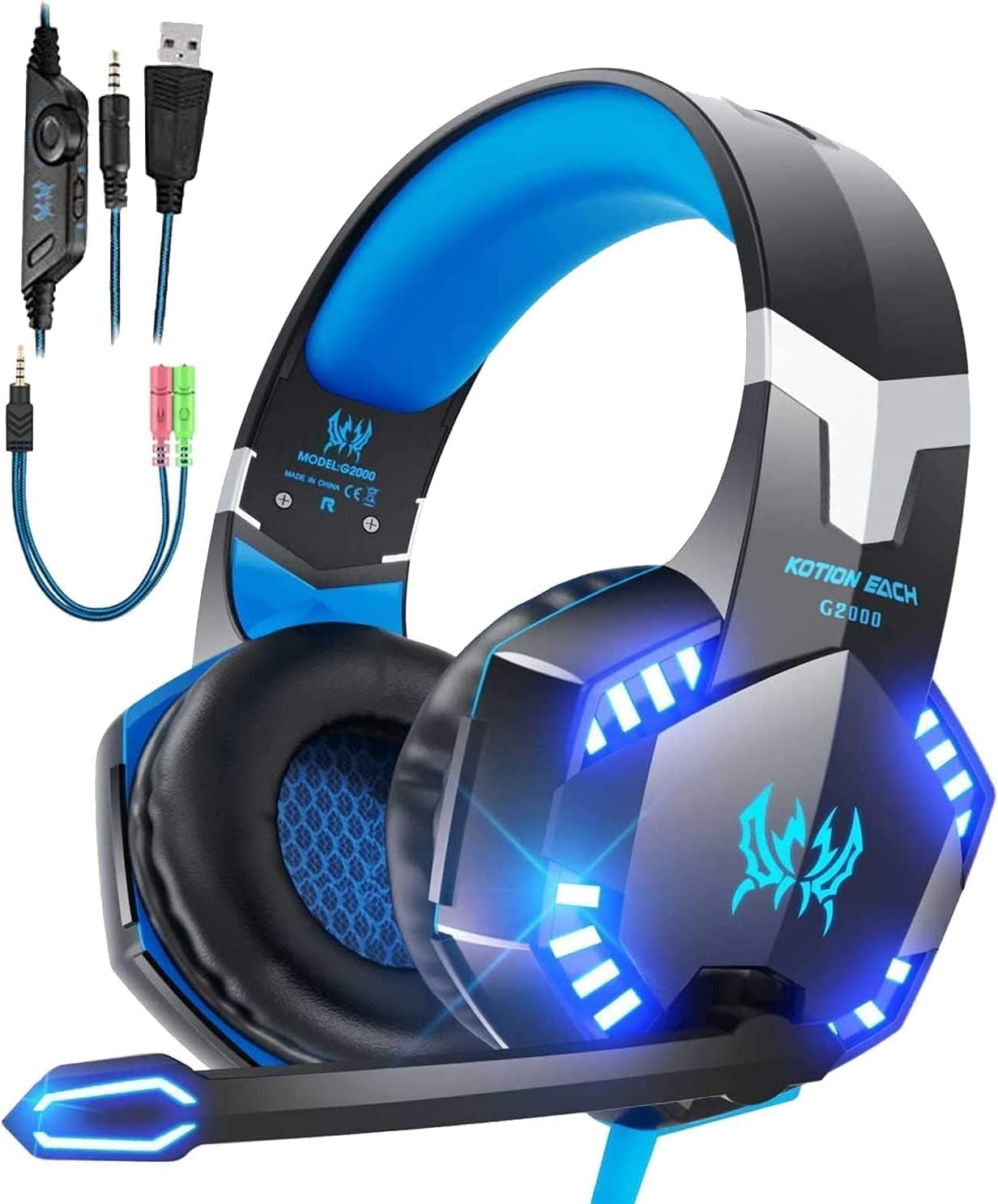 Laspi Gaming Headset für PS4 PC Xbox One, Professional Kopfhörer mit Mikrofon für Laptop/Mac/Tablet/Smartphone mit LED Licht 3.5mm Surround Sound Noise Cancelling