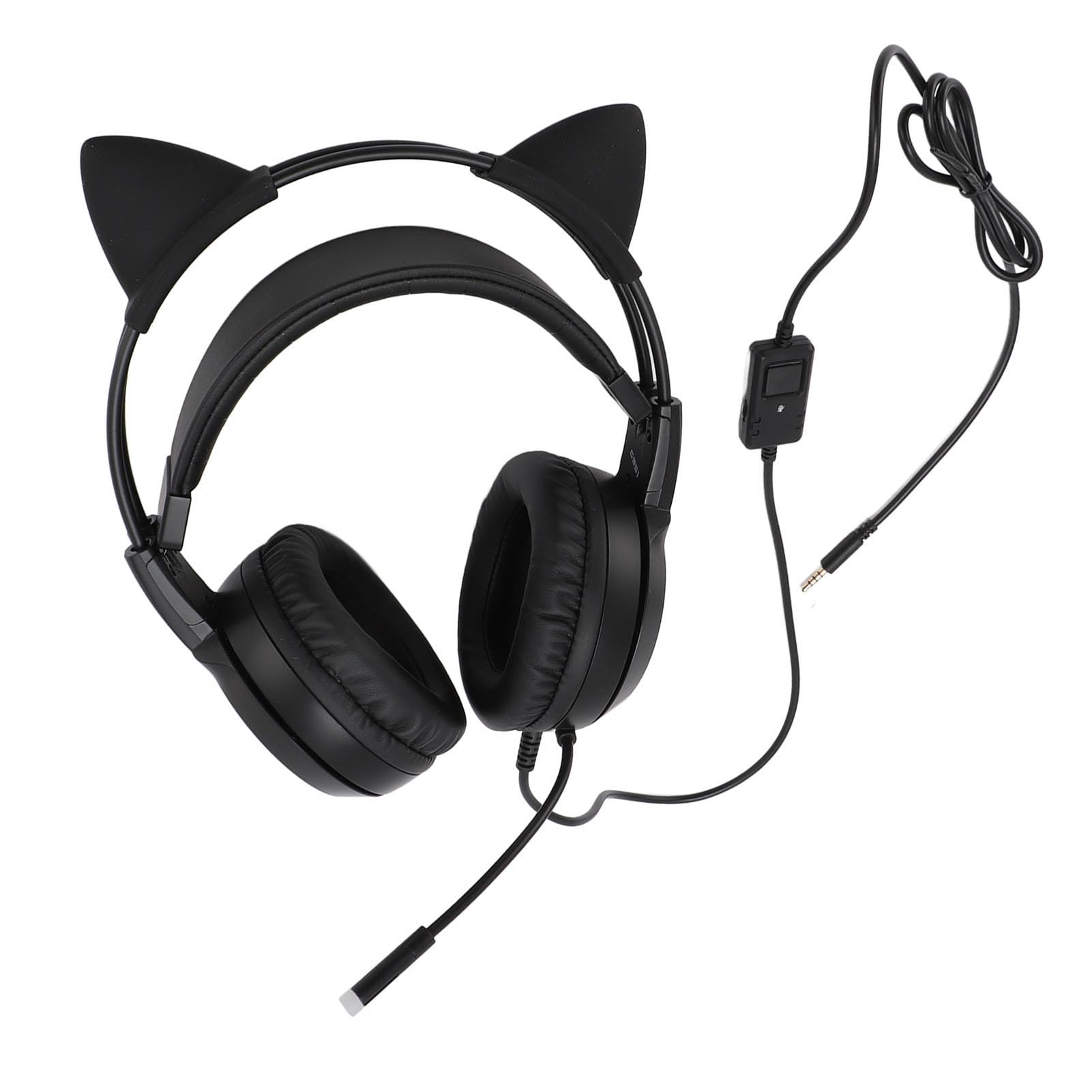 Jectse Katzenohren-Headset, Plug-and-Play, Selbstverstellbarer Kopfbügel, Stereo, Niedliches Gaming-Headset, 3,5-mm-Stecker für Spielekonsole für Mädchen (Black)