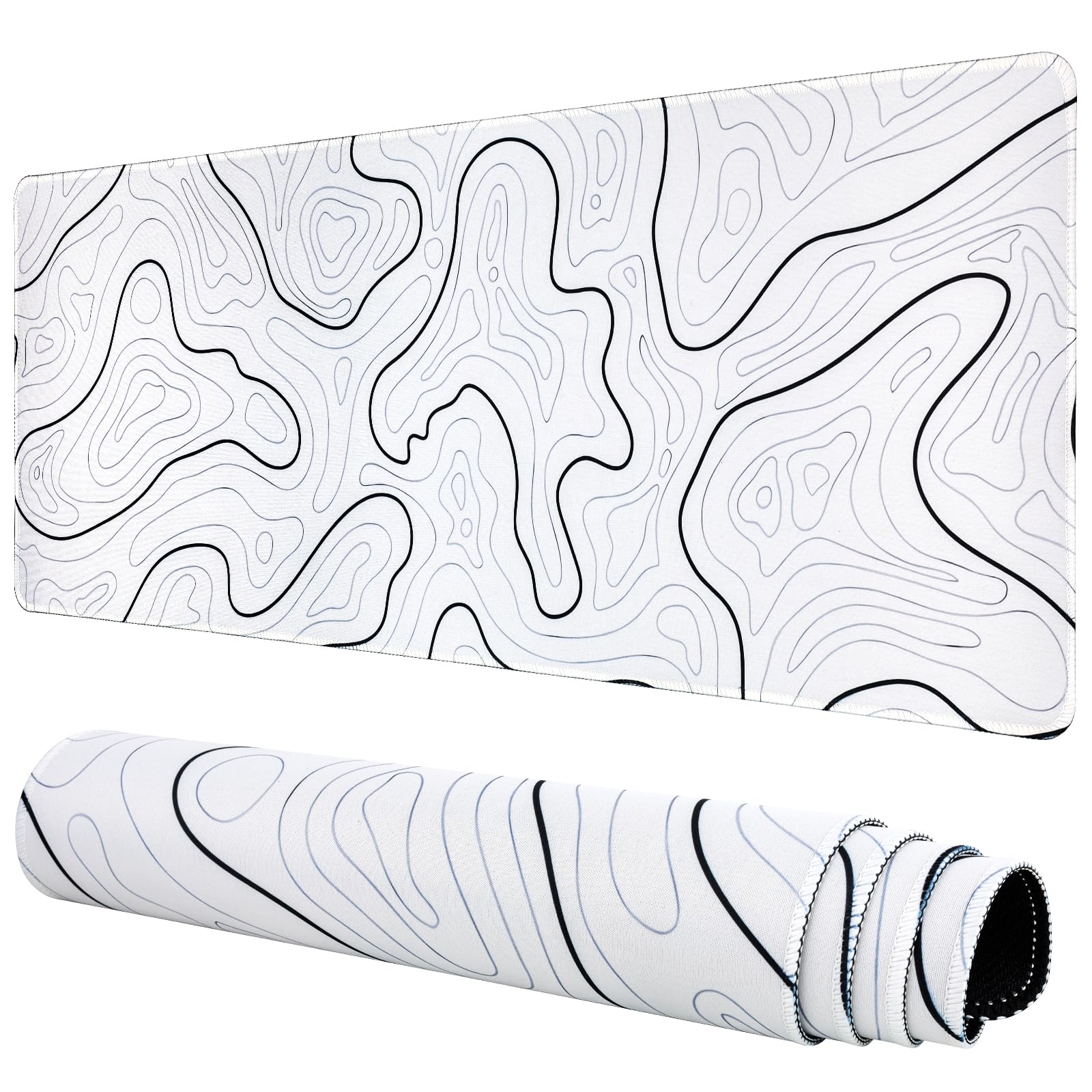Gaming Mauspad Topographische Lange Mousepad Große 31.5 X 11.8 Zoll Schreibtischunterlage Matte mit rutschfester Basis genähte Rand Tastatur Matte für Büro Schreibtisch Unterlegmatte (Weiß)