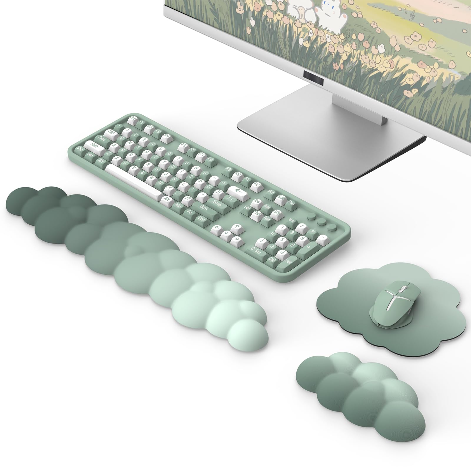 MoKo Wolke Handgelenkauflage, Ergonomisch Weich Cloud Handauflage Tastatur Maus Handballenauflage Set, Verbessertes Rutschfest PU Leder Mauspad für Büro Gaming Computer Laptop, Grün