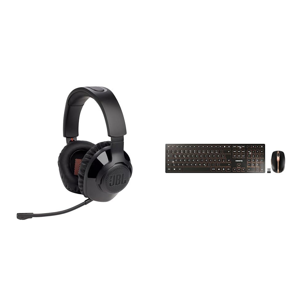 JBL Quantum 350 Over-Ear Gaming Headset – Wireless 2.4 GHz und USB-C-Anschluss & Cherry DW 9100 Slim, kabelloses Tastatur- und Maus-Set, Deutsches Layout