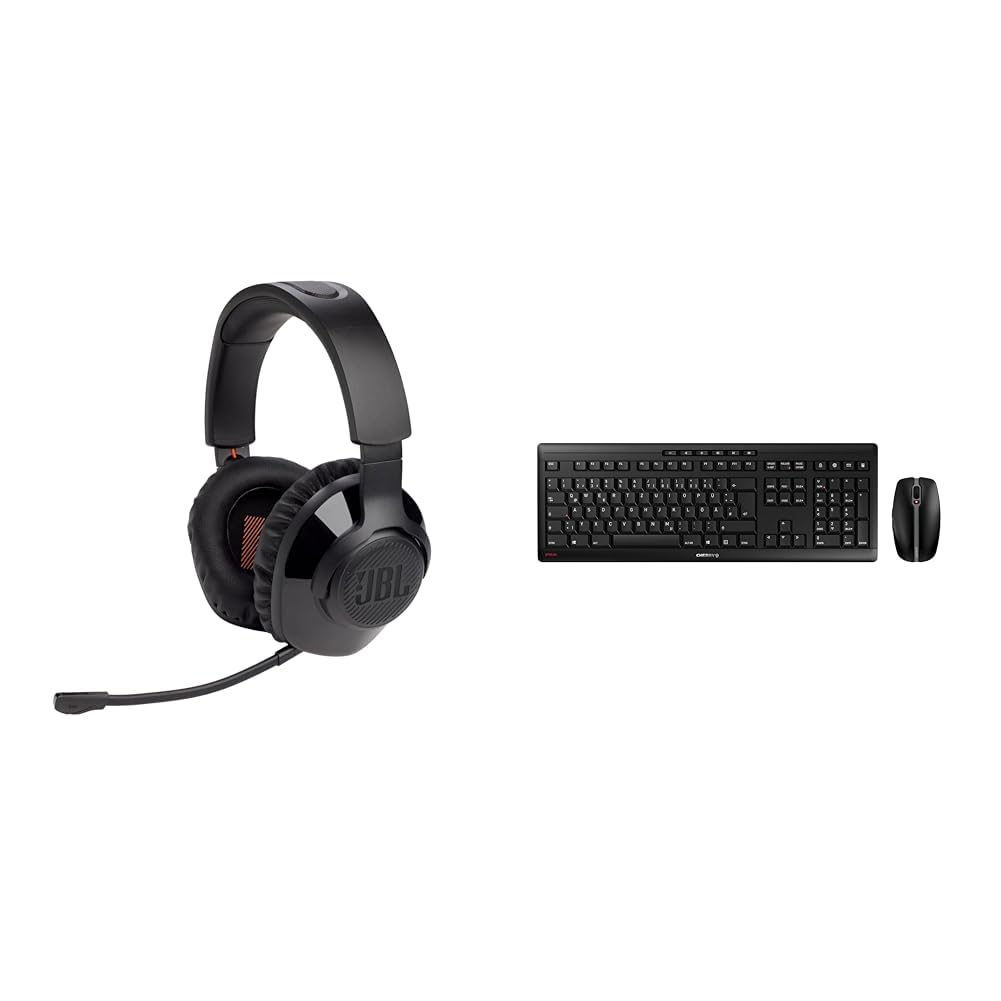 JBL Quantum 350 Over-Ear Gaming Headset – Wireless 2.4 GHz und USB-C-Anschluss & Cherry Stream Desktop Recharge, kabelloses Tastatur- und Maus-Set