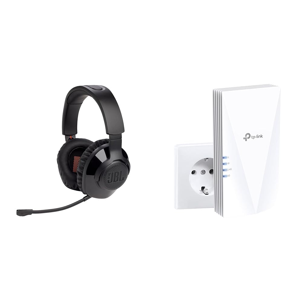 JBL Quantum 350 Over-Ear Gaming Headset – Wireless 2.4 GHz und USB-C-Anschluss & TP-Link RE500X WiFi 6 WLAN Verstärker Repeater AX1500
