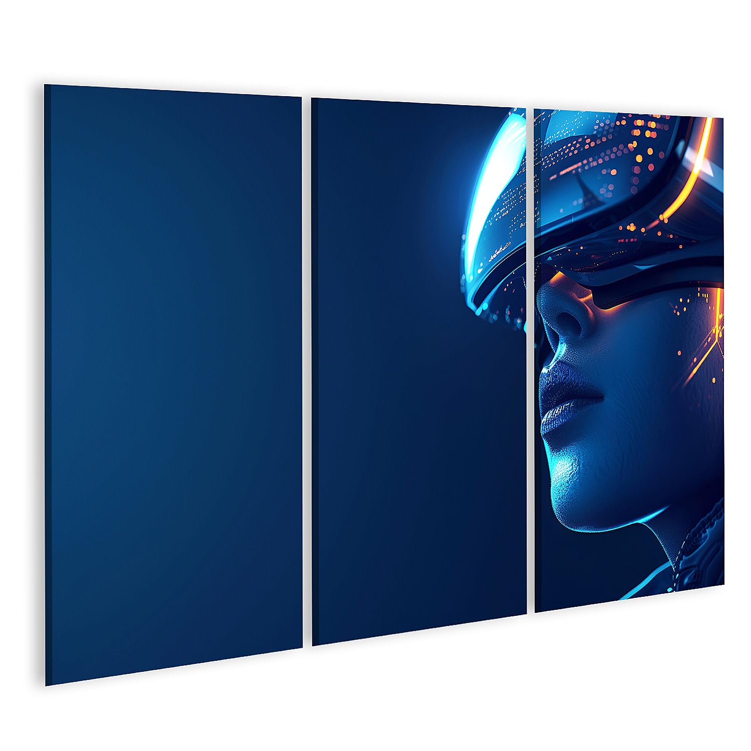 islandburner Bild auf Leinwand Frau in leuchtender Neon-Techno-Welt durch VR-Headset eingetaucht Spielzimmer VR-Gaming Lounge Leinwandbild