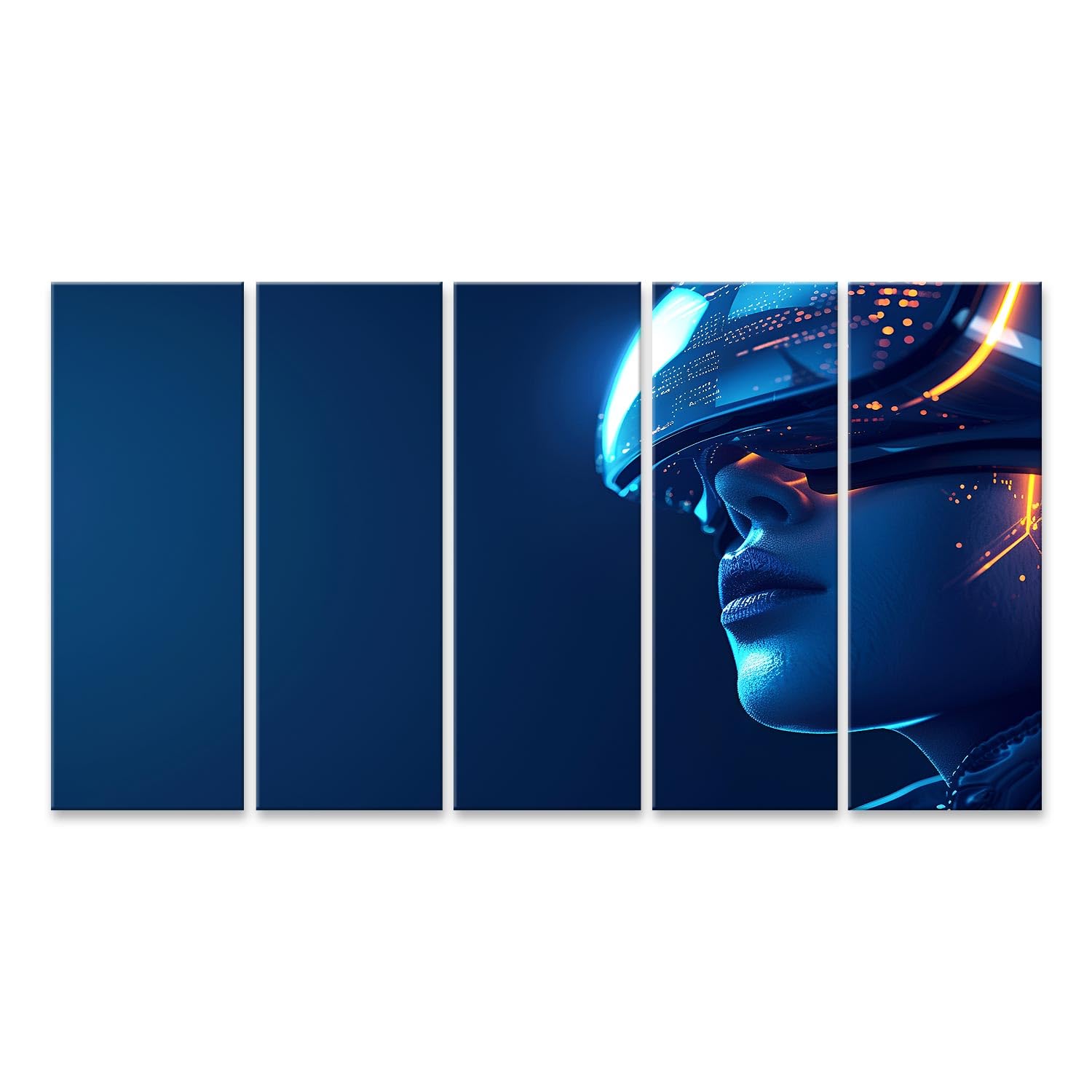 islandburner Bild auf Leinwand Frau in leuchtender Neon-Techno-Welt durch VR-Headset eingetaucht Spielzimmer VR-Gaming Lounge Leinwandbild