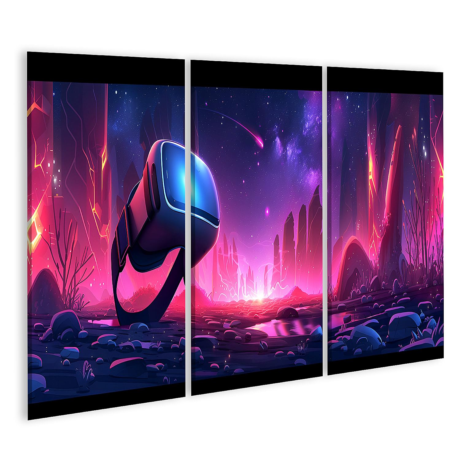 islandburner Bild auf Leinwand Neonbeleuchteter Raum mit VR-Headset, generiertes Technologie-Design Spielzimmer VR-Gaming-Center Leinwandbild