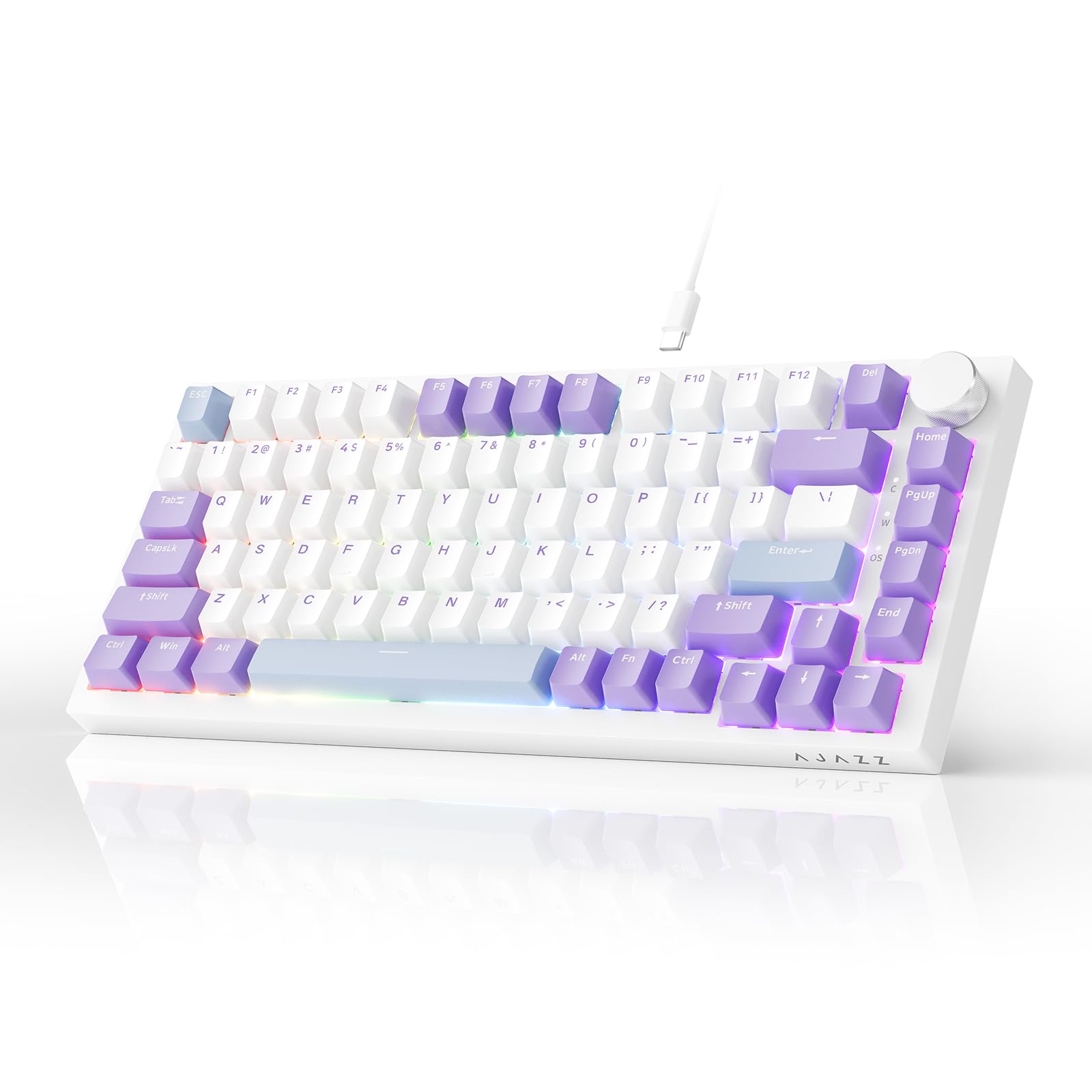 AJAZZ AK820 Wired Mechanical Keyboard, 75% Gaming Keyboard with Volume Control Knob, QWERTY Layout, 82 Keys, Five-Layer Sound Insulation Pad, South-Oriented RGB, Full-Key Hot Swap, Blue White Purple