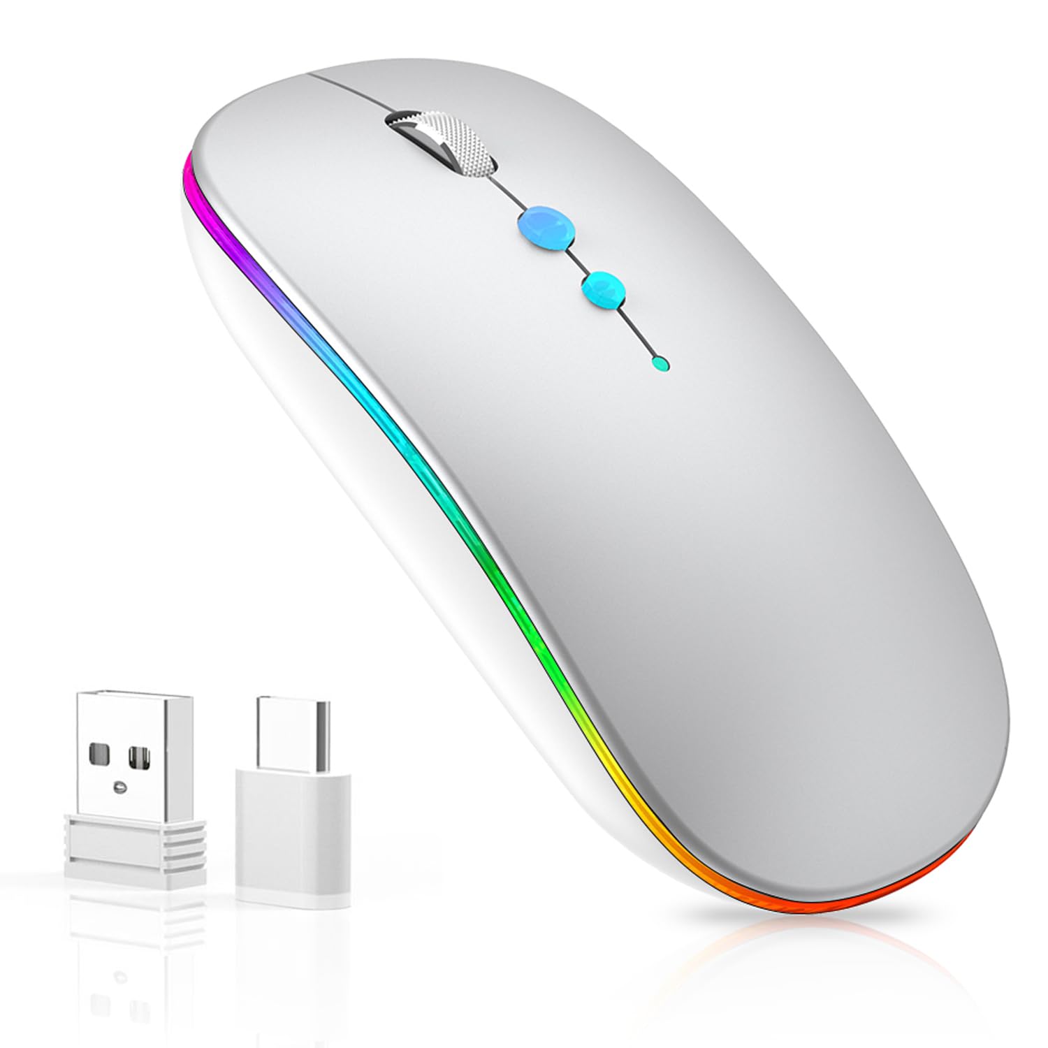 LED Kabellos Maus für Computer,Tragbare PC FunkMaus Wiederaufladbar mit 2,4GHz USB/USB-C Dual Empfänger, DPI,Zurück Taste -kompatibel mit TypeC-Geräten/AppleMacBook Air/Pro,iPad,Laptop,Tablet(Silber)