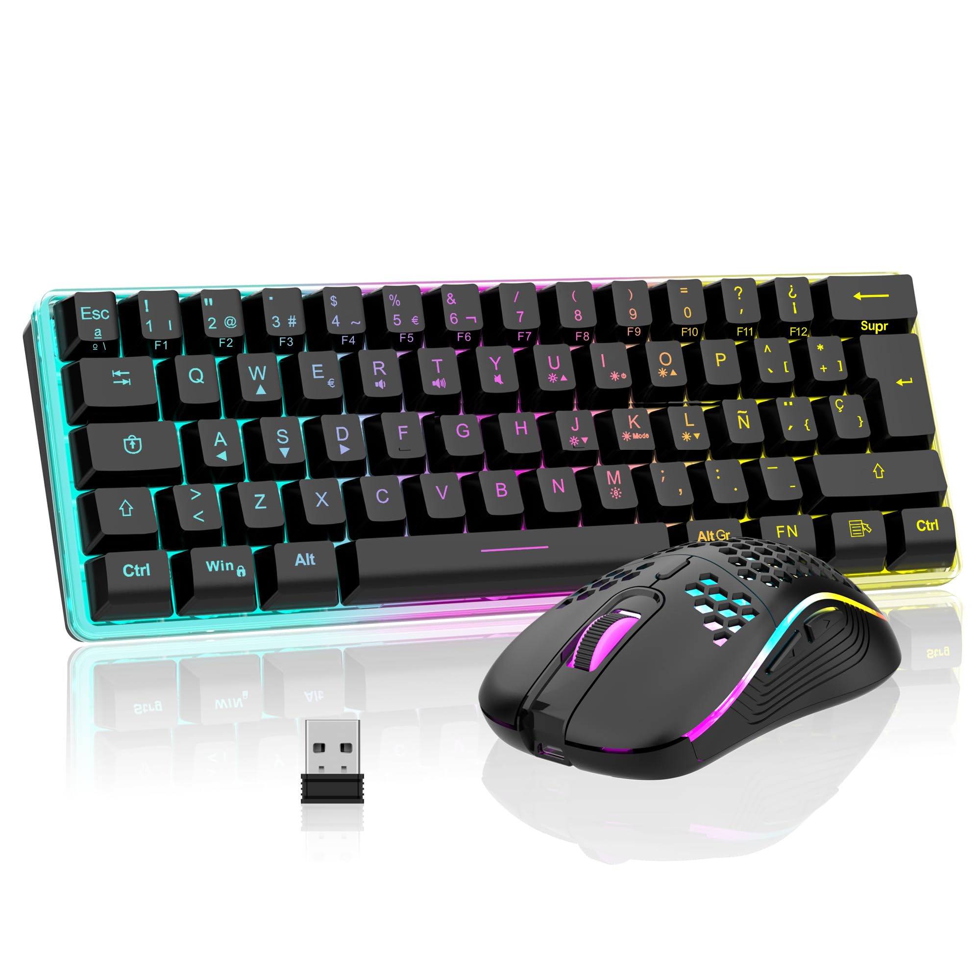 RedThunder Kabellose mechanische Gaming-Tastatur, 60 %, dynamische RGB-Hintergrundbeleuchtung, leichte Handy-Maus mit 3200 dpi, ultra-kompakte Tastatur mit 62 Anti-Ghosting-Tasten, QWERTY ES-Layout,