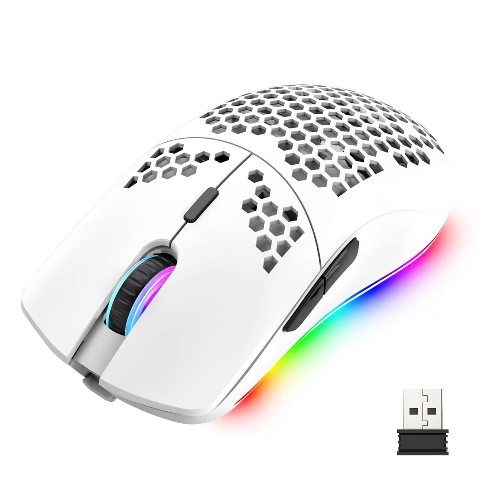 Mengshen RGB-Gaming-Maus, kabellose Mäuse mit Leichter Wabenschale Hochpräzise optisch einstellbare 3200 DPI ergonomisch für Windows-PC-Laptop-Gamer (Weiß)