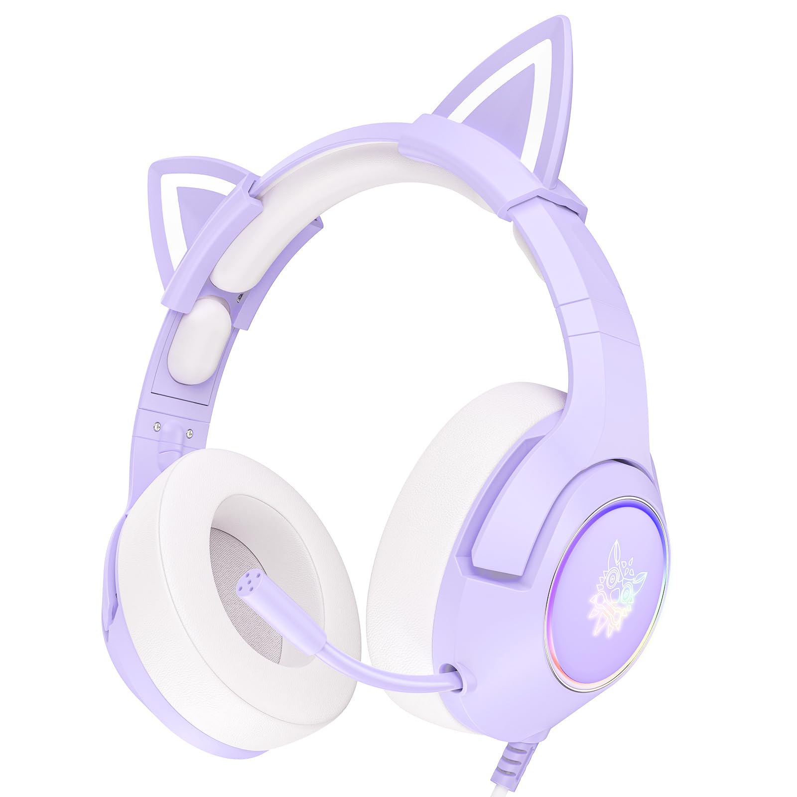 PHNIXGAM Gaming-Kopfhörer FÜR PS4, PS5, Xbox One (Ohne Adapter), Kabelgebundene Kopfhörer Mit Katzenohren, GeräuschunterdrÜCkendes Mikrofon, RGB, Surround-Sound FÜR PC, Mobiltelefon, Lila