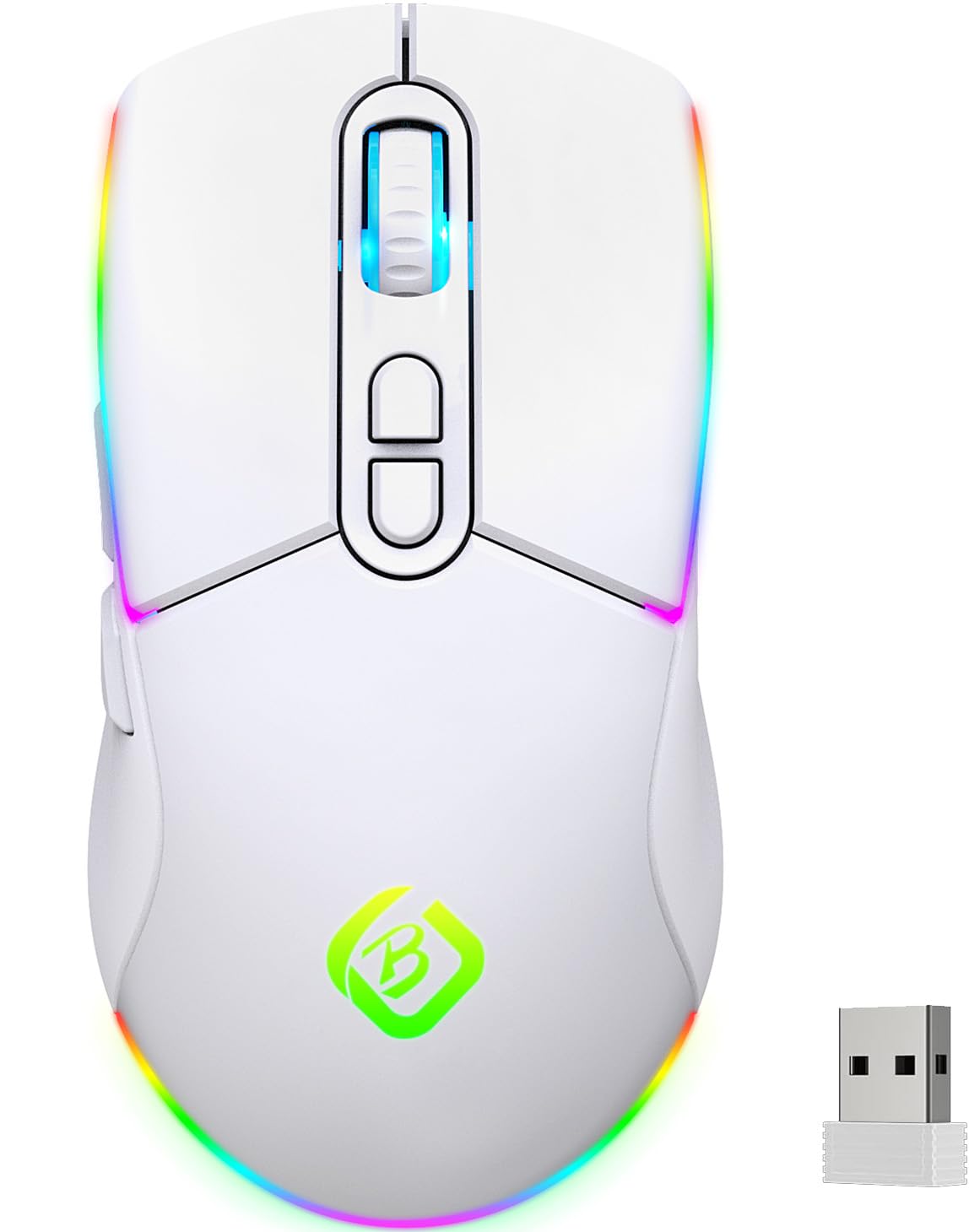 JYCSTE Kabellose Gaming Maus, Dual Mode 2.4GHz/Bluetooth 5.1 Maus Gaming, RGB LED Hintergrundbeleuchtung, Ergonomische Maus mit 6 Tasten, Wiederaufladbare Computer Maus für PC, Mac, Laptop (weiß)